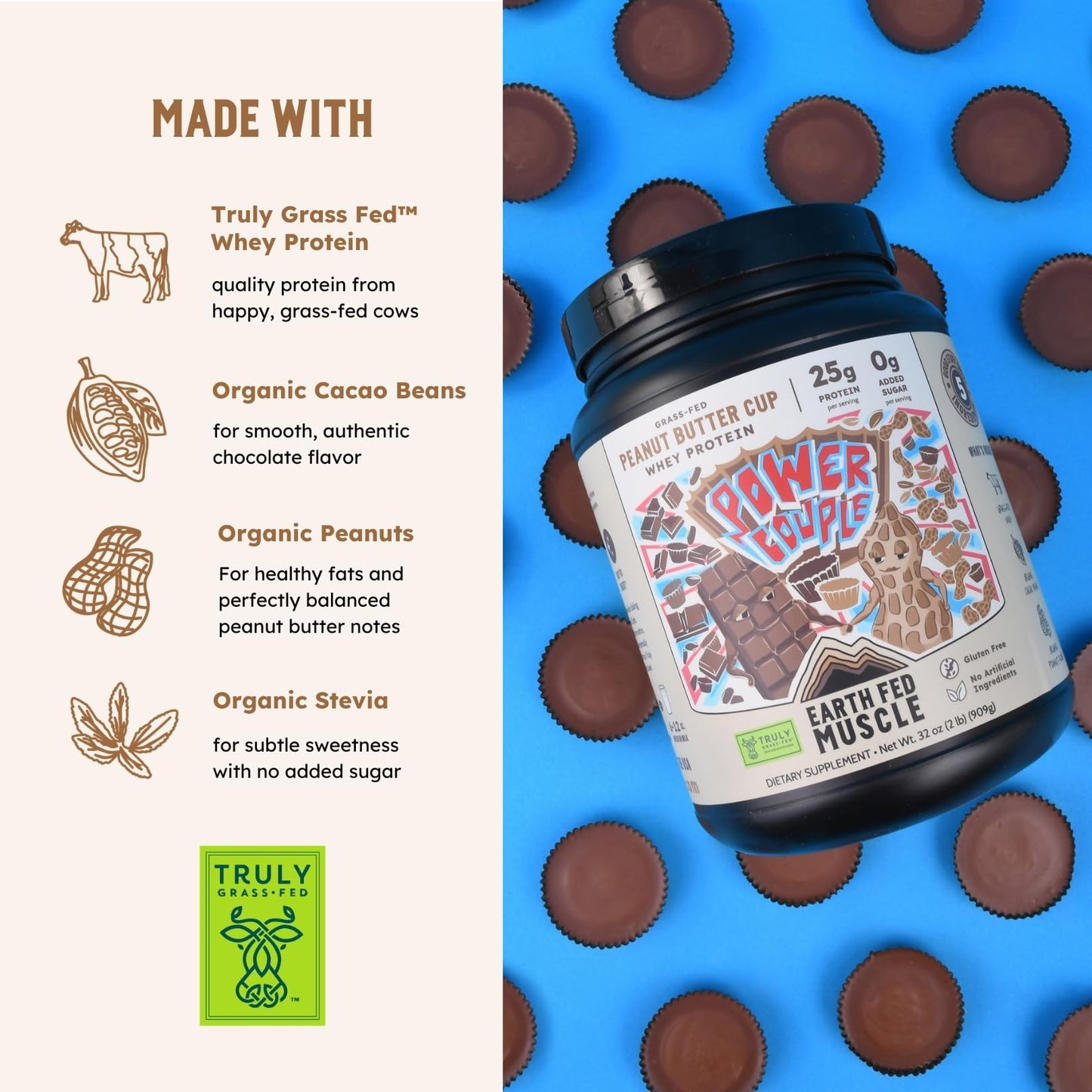 Earth Fed Muscle Power Couple Peanut Butter Cup Whey Protein Isolate Powder, 32 Servings
