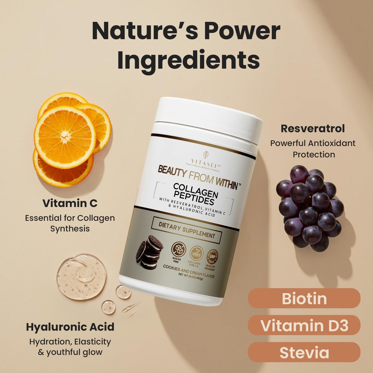 VITASEI Hydrolyzed Collagen Peptides Powder with Resveratrol & Vitamin C – Hair, Skin & Joint Support – Cookies & Cream Flavor, 16 oz