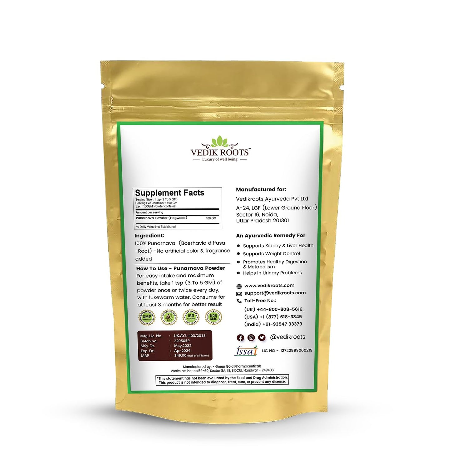 VEDIKROOTS Punarnava Powder 3.53 Ounce