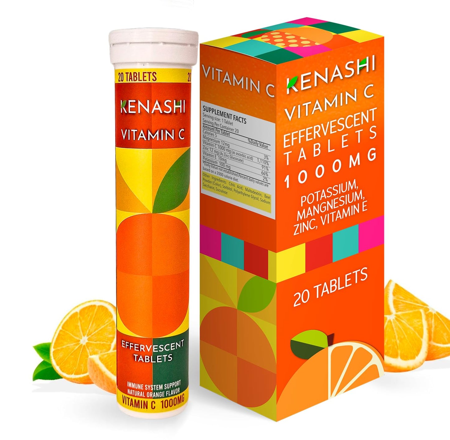 Kenashi Vitamin C 1000mg Effervescent Tablets with Zinc, Potassium, Magnesium & Vitamin E, 20 Tablets