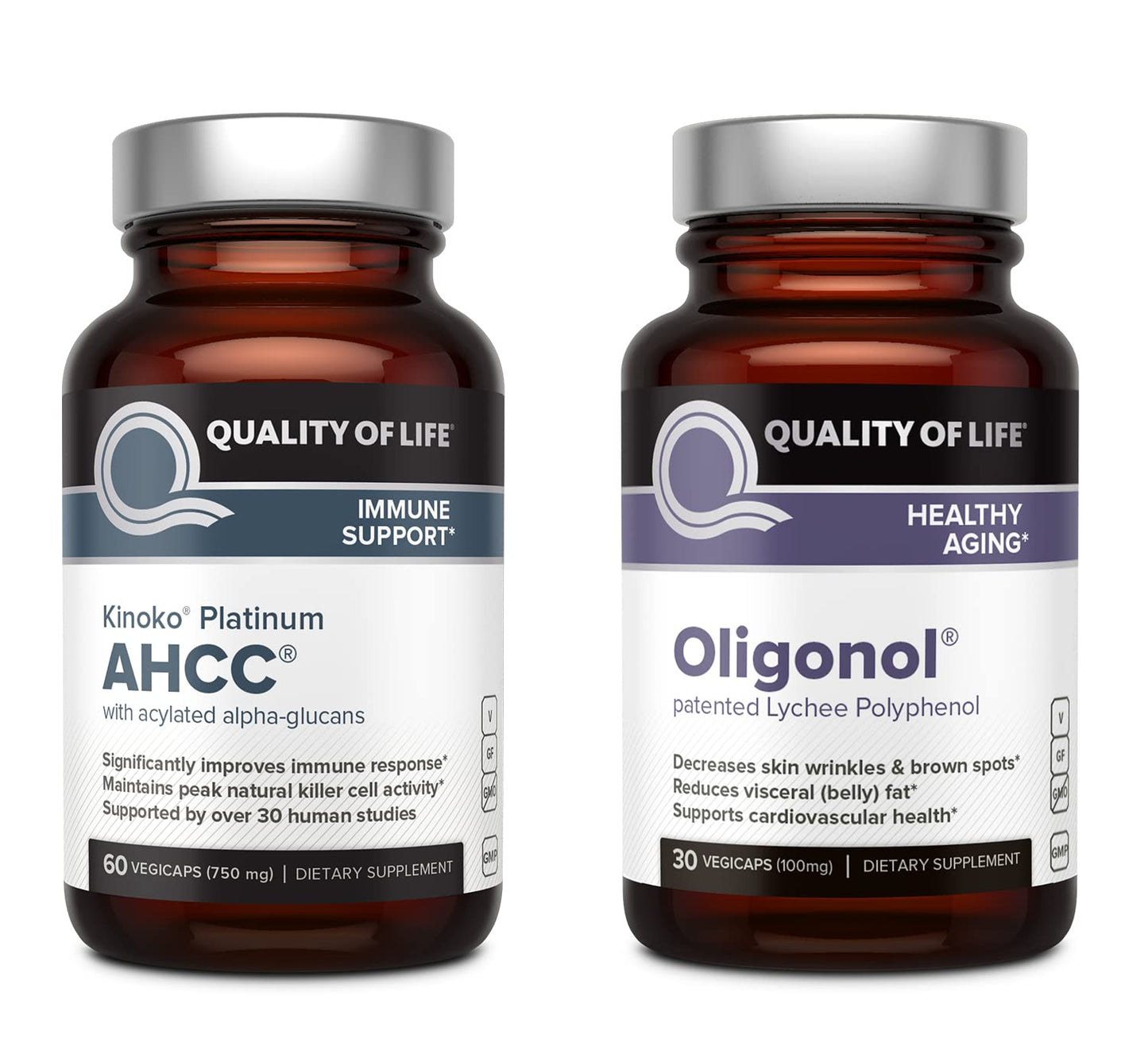 Quality of Life Kinoko Platinum AHCC 750 mg and Oligonol Lychee Extract Capsules, 90 Capsules
