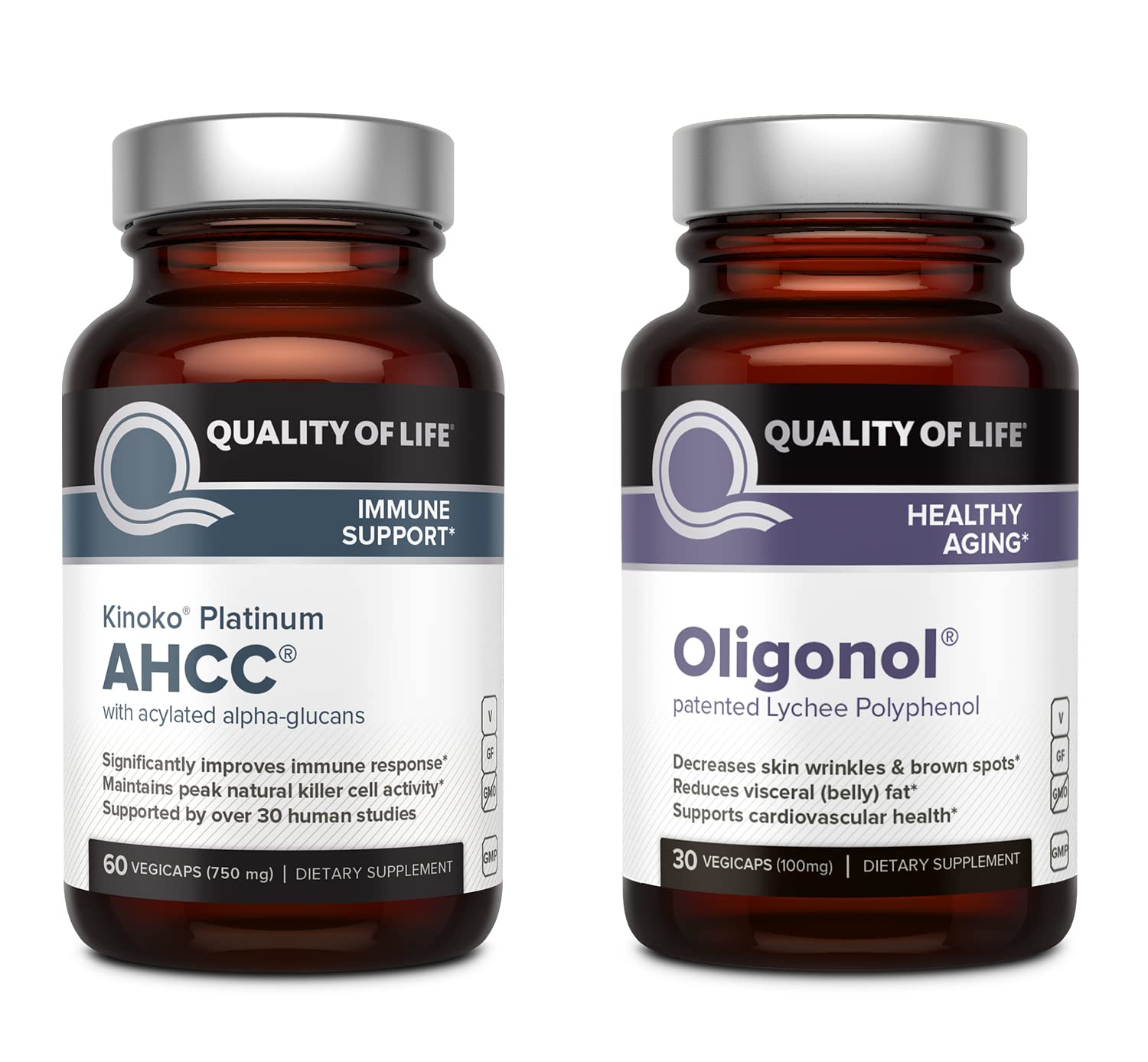 Quality of Life Kinoko Platinum AHCC 750 mg and Oligonol Lychee Extract Capsules, 90 Capsules