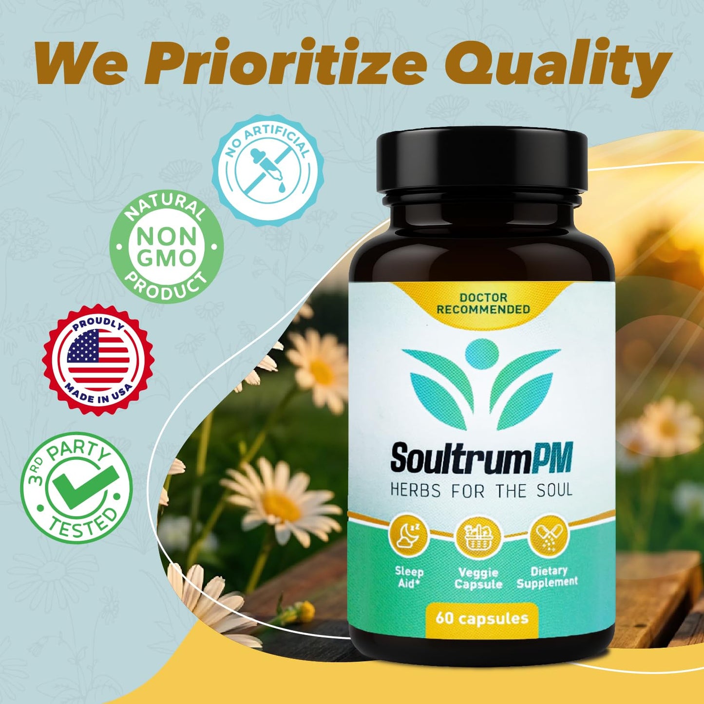 Soultrum Natural Sleep Aid Nighttime Sleeping Supplement with Melatonin 3mg, L-Theanine 200mg, Vitamin B6 5mg, Magnesium Glycinate 11mg, Ashwagandha, Chamomile, Valerian Root, Passionflower, 60 Capsules
