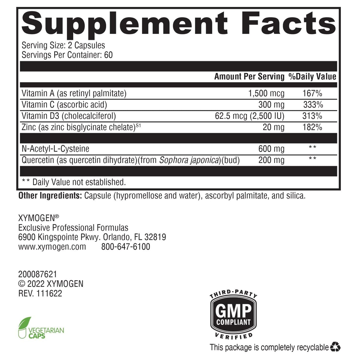 XYMOGEN Immune Essentials Daily Vitamin C, Zinc & Quercetin Capsule, 120 Capsules