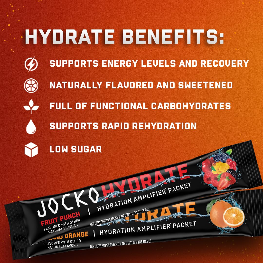 Jocko Fuel Hydrate Electrolytes Powder Packets Low Sugar - Hydration Amplifier Packets for Recovery, Dehydration, & Exercise - with Vitamins B6, B12 & C, 16 Packets
