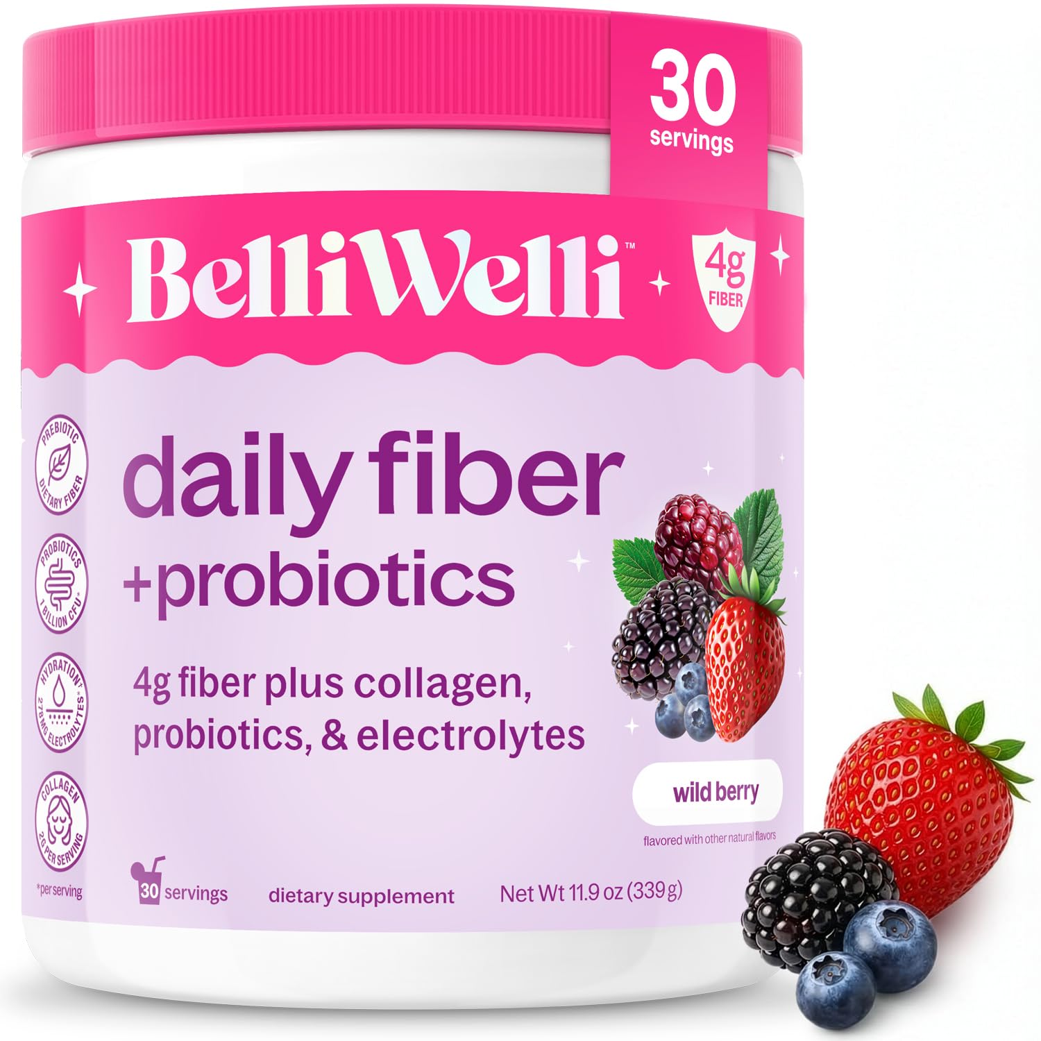 Belli Welli Fiber Supplement for Women & Men – Premium Daily Fiber Powder from Organic Acacia with Added Collagen, Electrolytes & Probiotics – No Bloat, Constipation & Gut Health Support, 11.9 Ounce