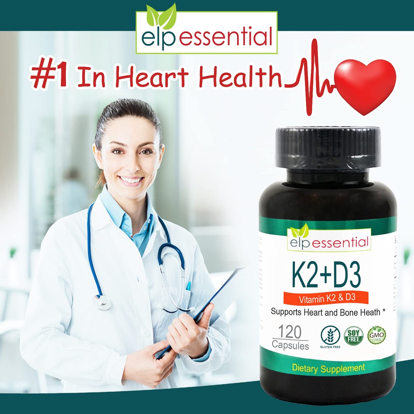 ELP ESSENTIAL Vitamin K2 with D3 Softgels 120 Count
