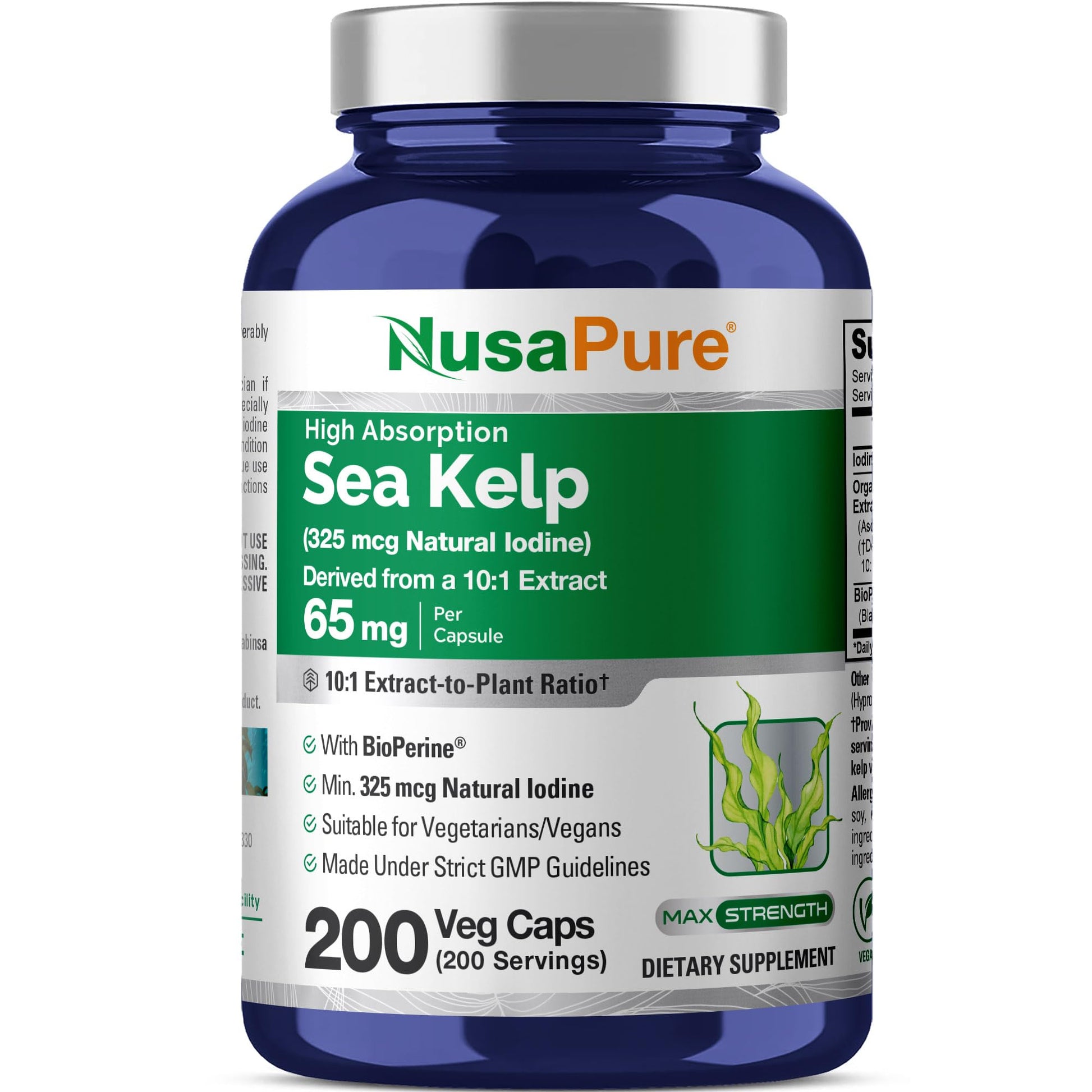 NusaPure Sea Kelp Natural Iodine Capsules 200 Count