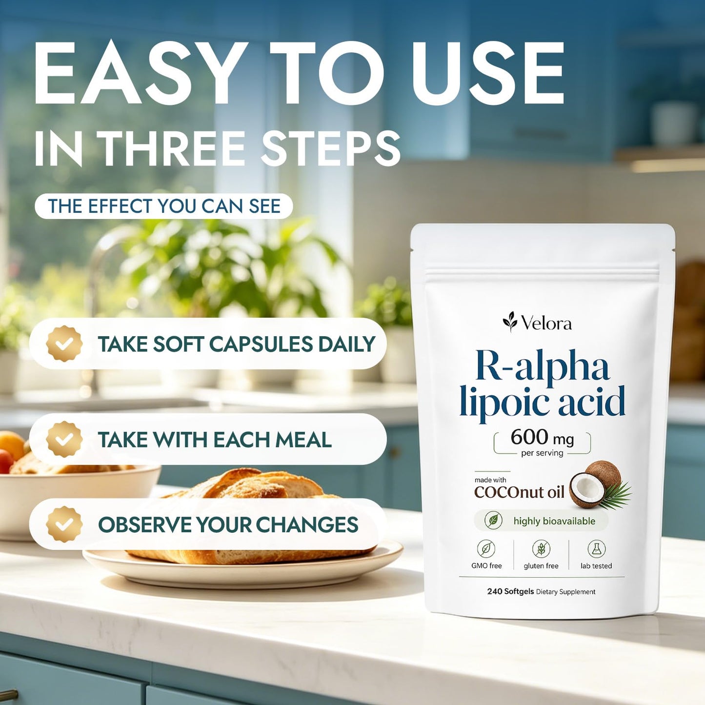 RESONA Velora R-Alpha Lipoic Acid with Coconut Oil Capsules 240 Count
