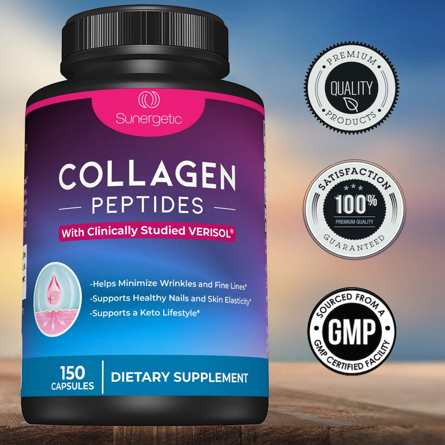 Sunergetic Premium Collagen Peptides Capsules 2500 mg VERISOL Type 1 & Type 3, Multi-Collagen Supplement for Joint Health, Hair, Skin & Nails, 150 Capsules