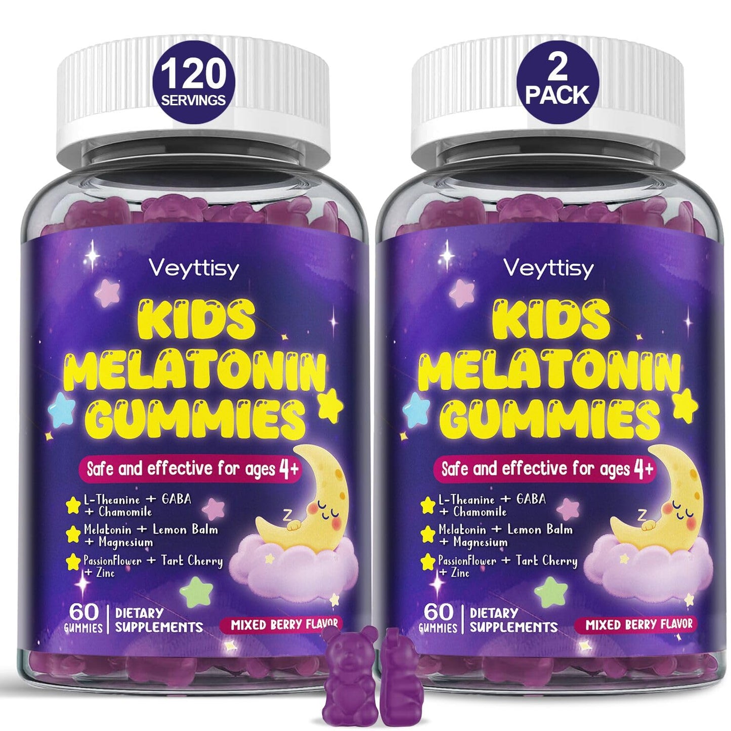 Veyttisy Kids Melatonin Gummies 1mg with Chamomile, Lemon Balm, L-Theanine, Magnesium, Zinc - Non-Habit Forming, Non-GMO, Gluten Free, Mixed Berry Flavor - 120 Gummies