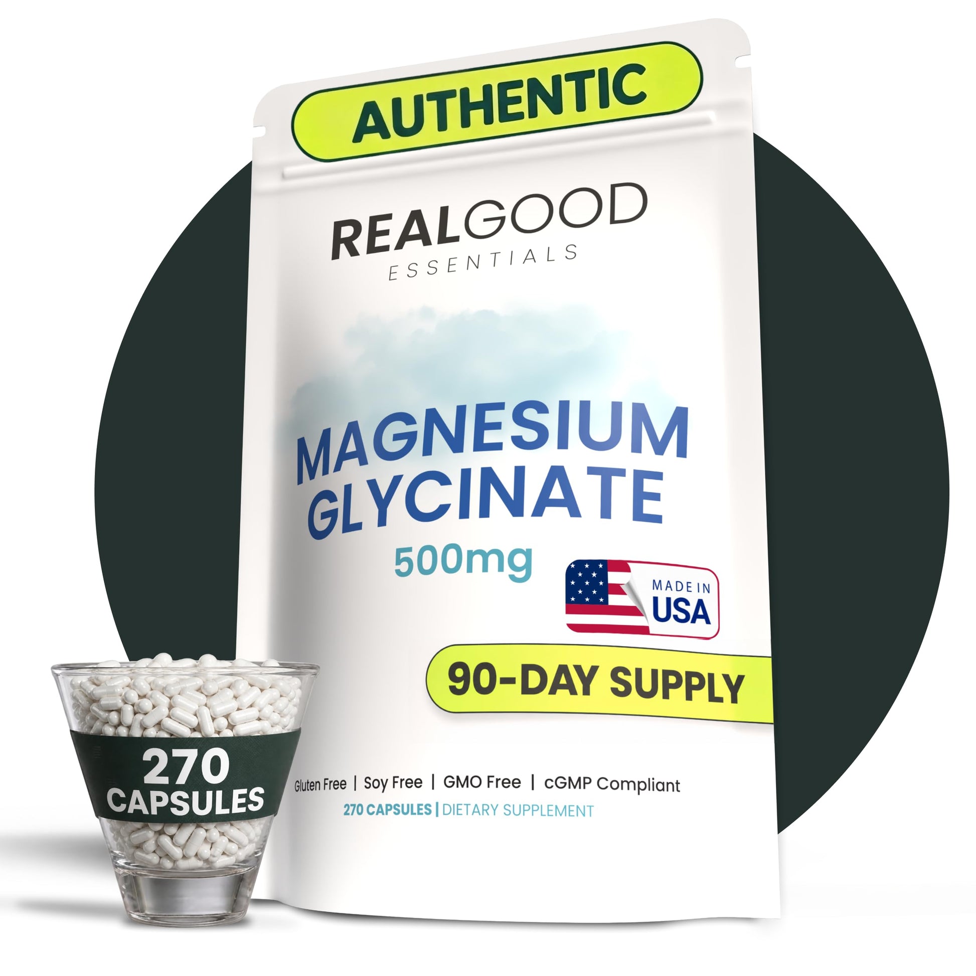 REAL GOOD ESSENTIALS Magnesium Glycinate 500mg Capsule, 270 Count