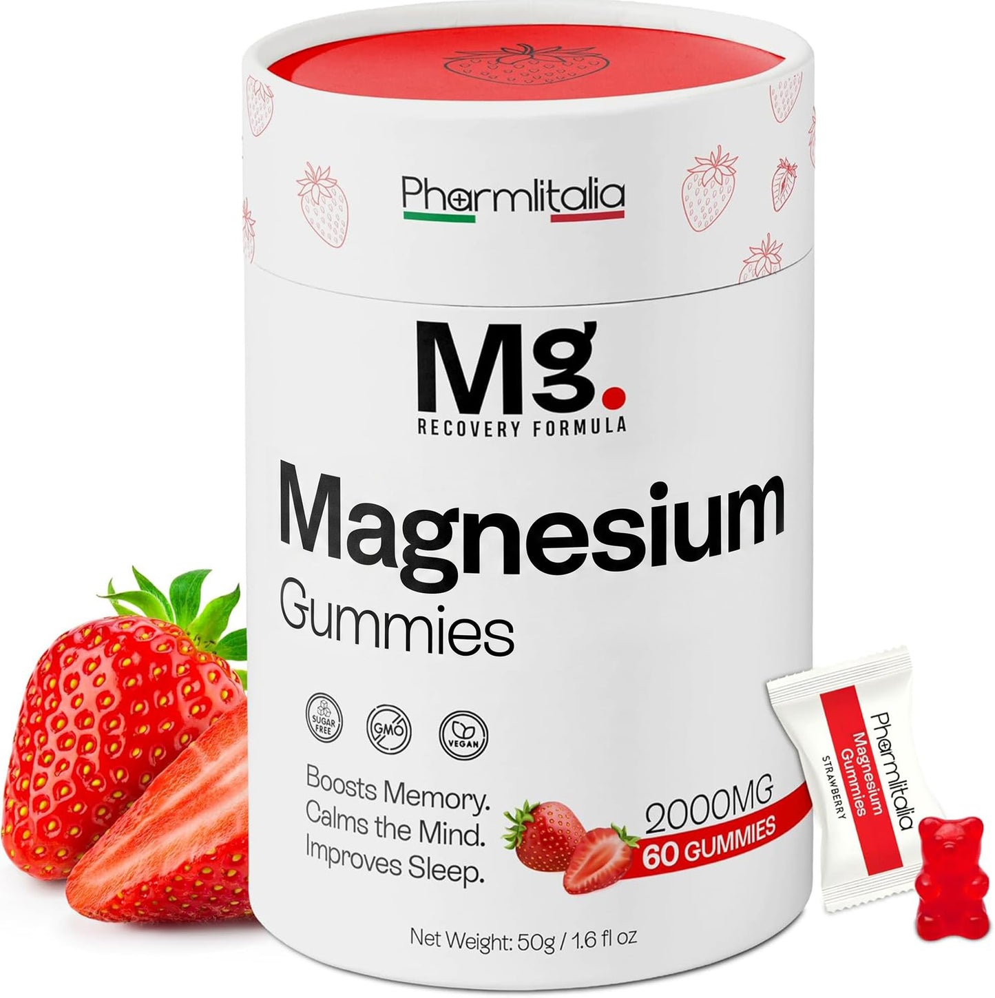 Pharmlitalia Magnesium Supplement 2000mg Gummy, Strawberry, 60 Count