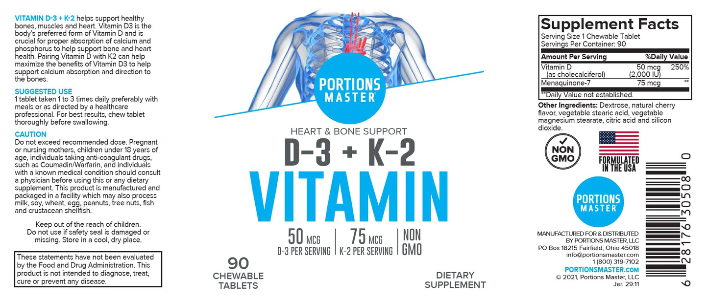 Portions Master Vitamin D3 5000 IU + K2 MK-7 Bone & Heart, 60 Tablets