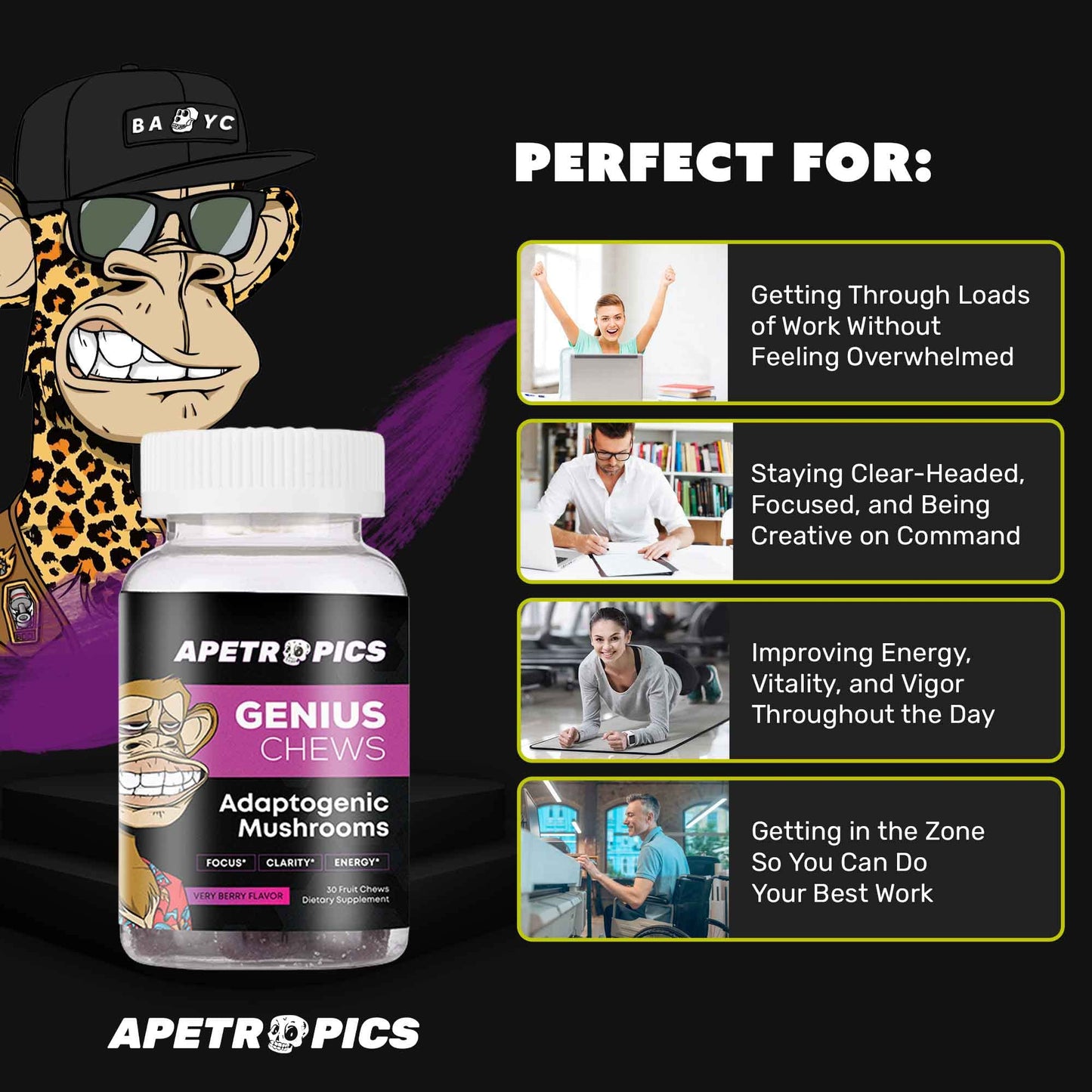 Apetropics Genius Chews Brain Gummies with Lion’s Mane, Cordyceps, Reishi & Turkey Tail Mushroom - Immune Support and Nootropic Brain Supplement - Very Berry Flavor, 30 Gummies