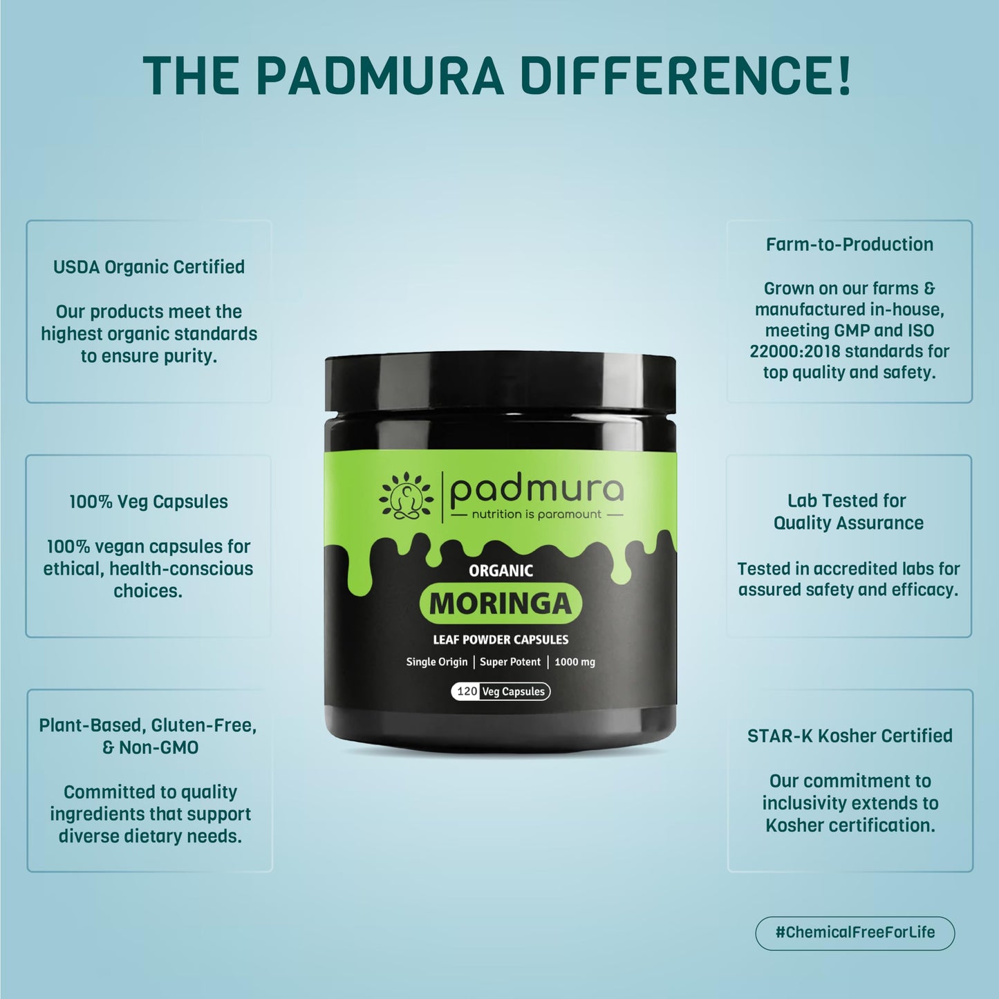 PADMURA Organic Moringa Oleifera Leaf Powder Capsules 1000mg, 120 Capsules