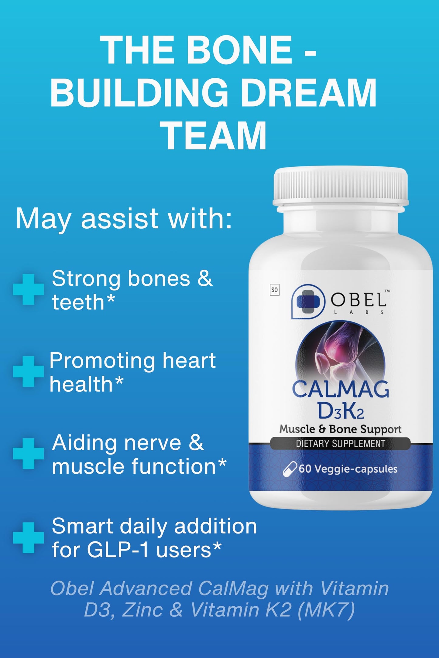 obel CalMag D3K2 Calcium Magnesium with Vitamin D3 & K2 MK7 Capsules, 60 Count
