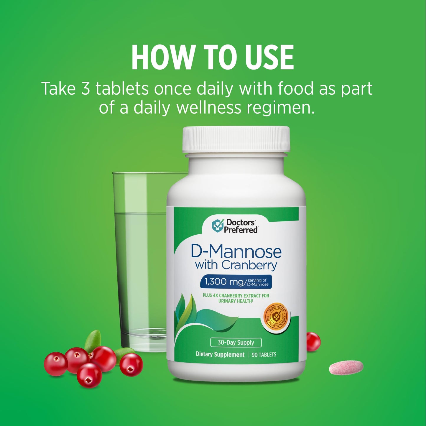 DOCTORS' PREFERRED D-Mannose 1300mg with Cranberry Extract for Urinary Health Tablet, 90 Count