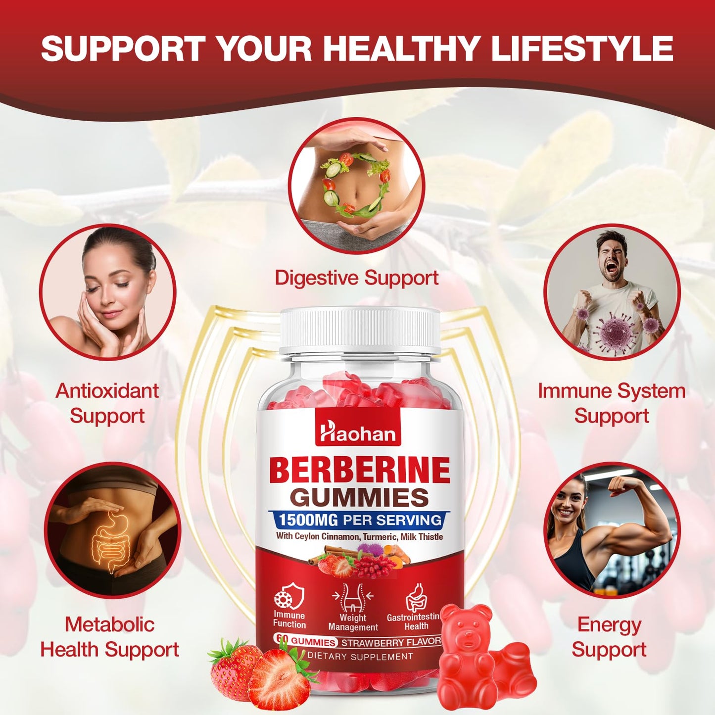 Haohan Berberine Gummies, 1500mg High Potency Berberine HCl, Ceylon Cinnamon & Milk Thistle, Immune System & Metabolism Support, Vegan, Strawberry Flavor, 120 Count