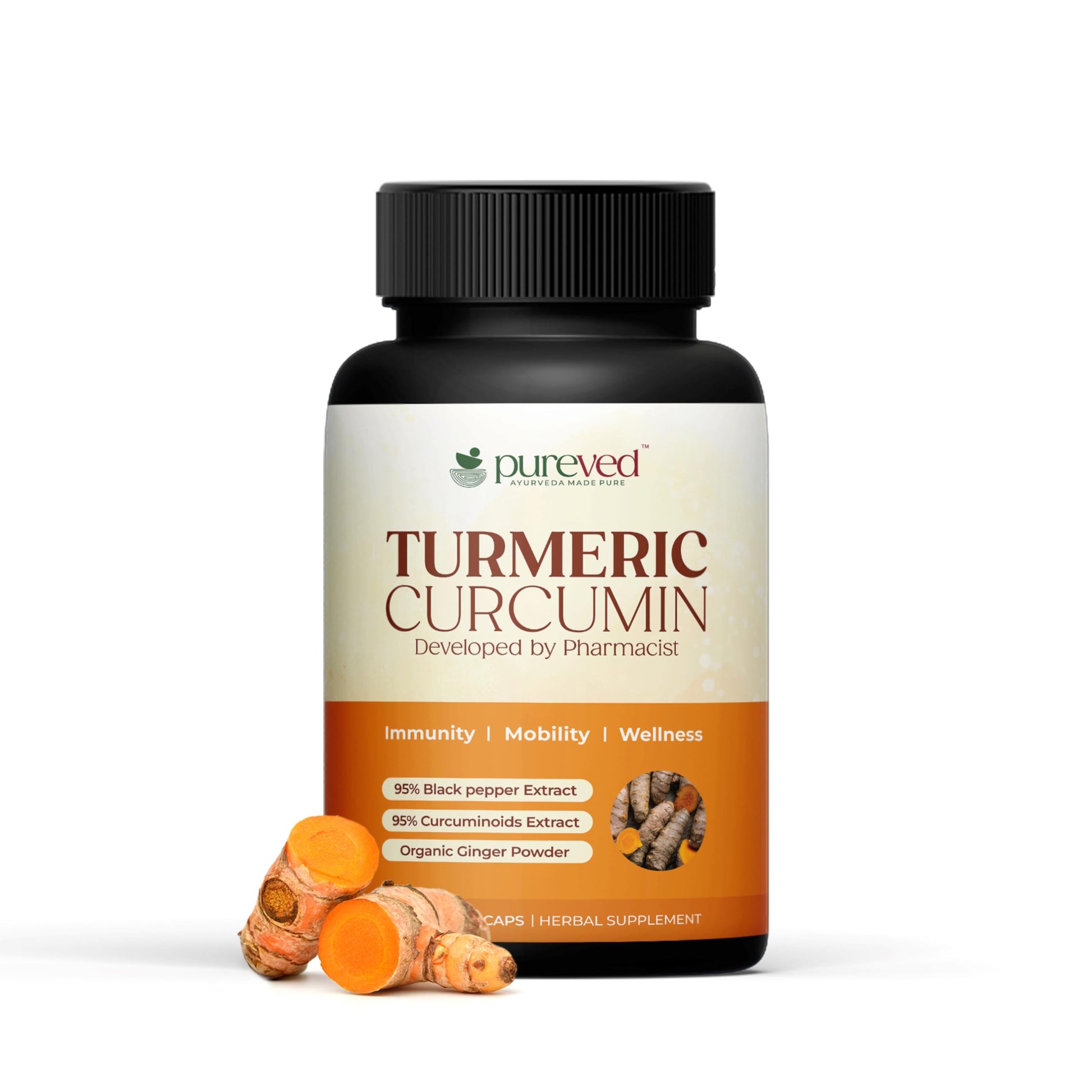 Pureved Turmeric Curcumin 90 Veg Capsules with Black Pepper & Ginger