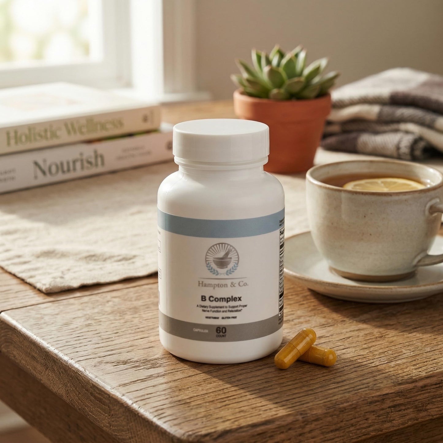 Hampton Distribution B-Complex for Stress & Nerve Support – Calming Vitamin Blend with B12, B6, Niacin & Biotin – Supports Relaxation & Neurological Health – 60 Vegetarian, Gluten-Free Capsules