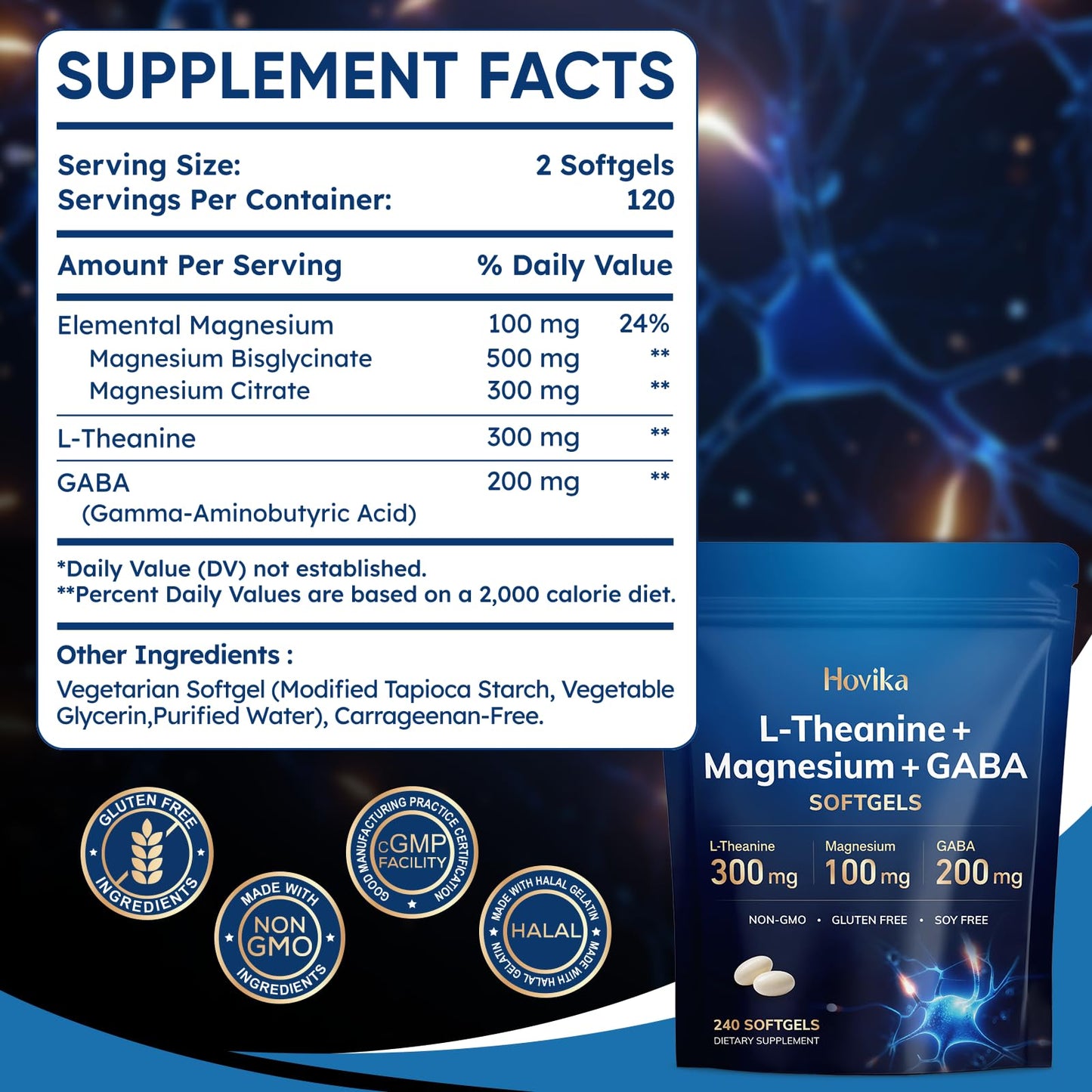 Hovika L-Theanine Softgels 300mg with Magnesium Bisglycinate 500mg, Magnesium Citrate 300mg, GABA 200mg | Enhanced Absorption with Coconut Oil | Calm, Relaxation & Focus Support | Non-GMO, 240 Count