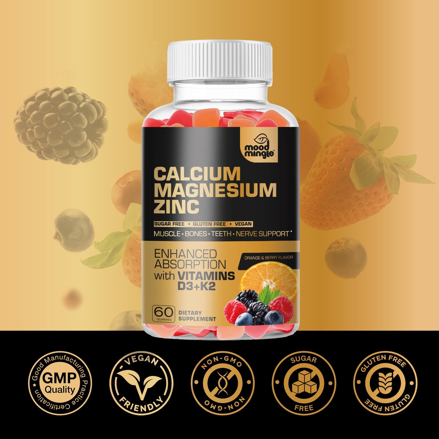 Mood Mingle Calcium Magnesium Zinc Supplement Gummies, 60 Count