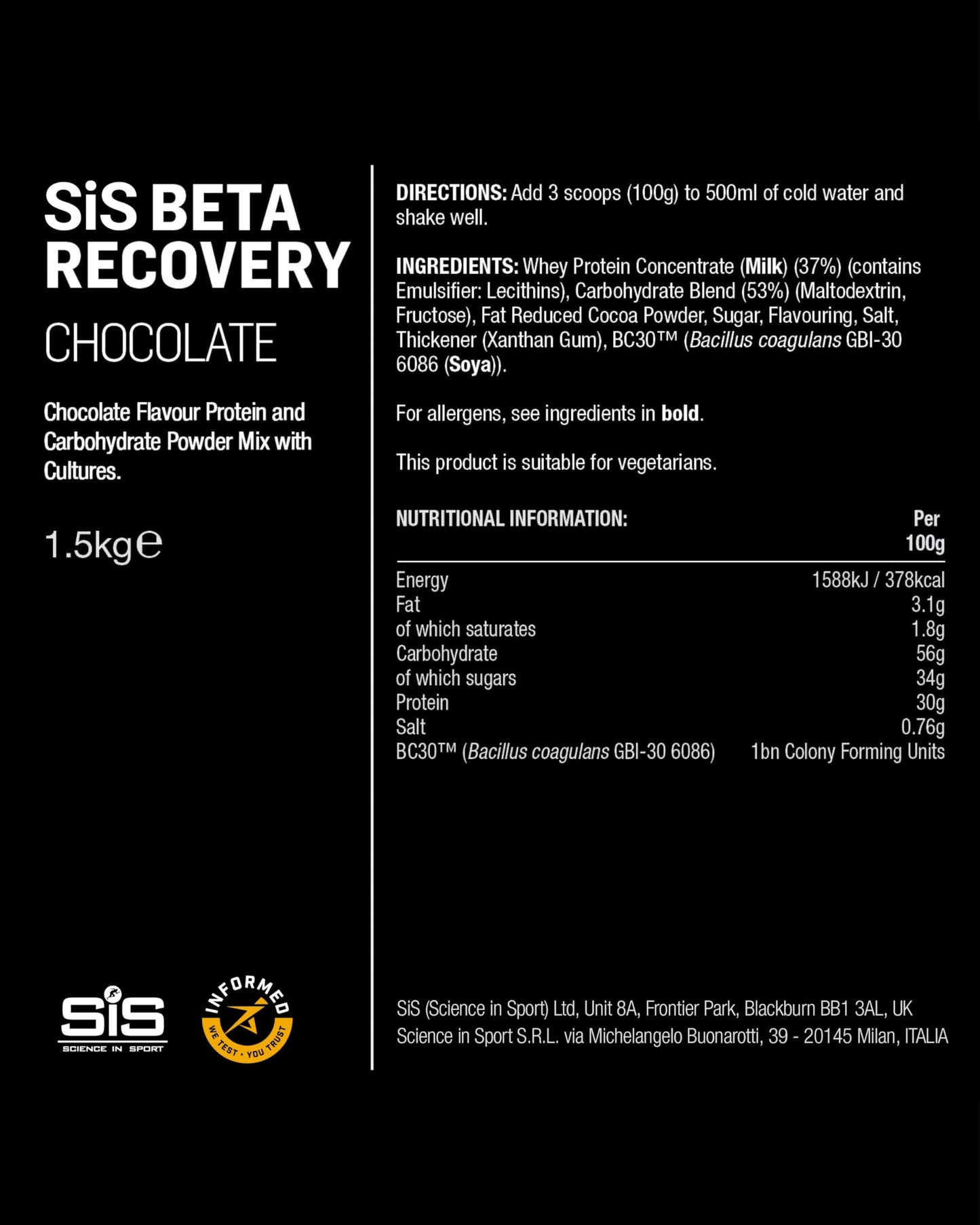 Science in Sport BETA Recovery Whey Protein Powder, Dual-Source Carbohydrate Blend, 52 Oz