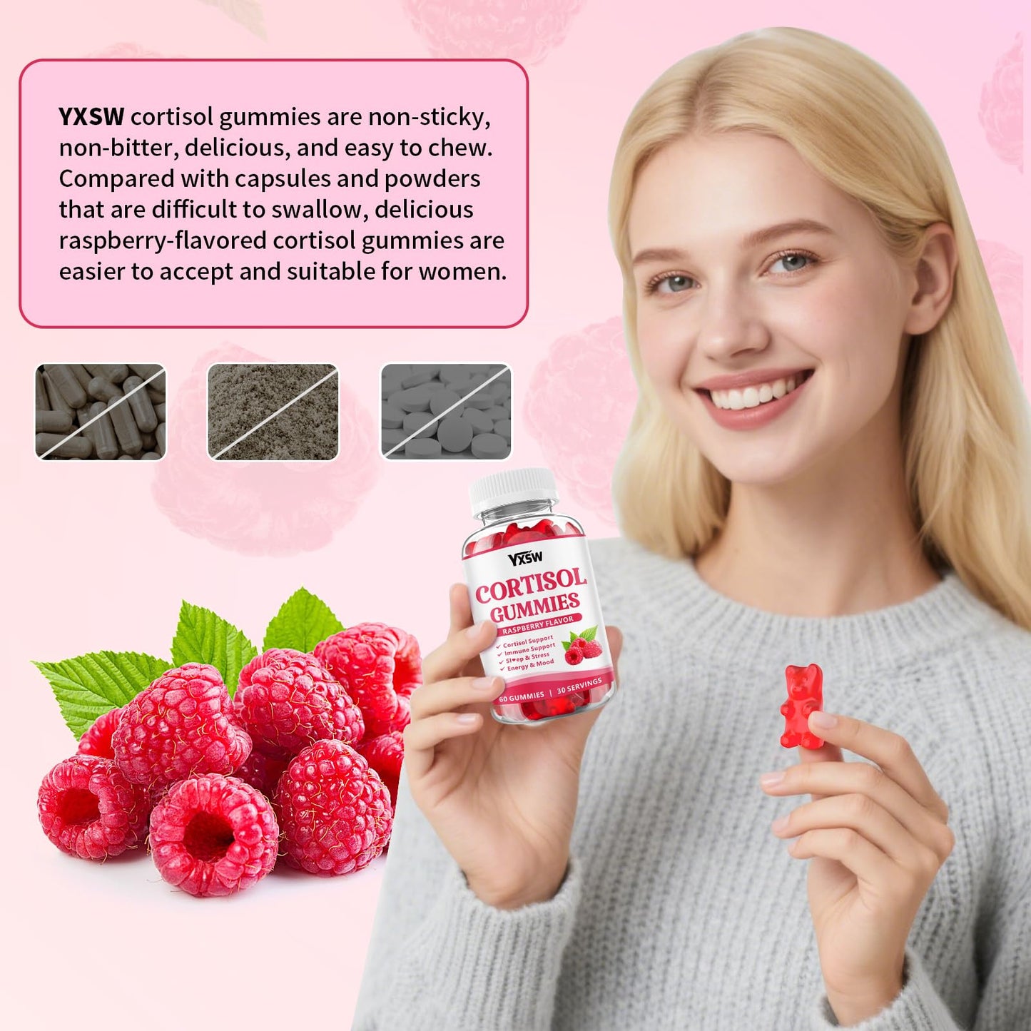 YXSW Cortisol Gummies for Women, Sugar-Free, with Magnesium Glycinate, Ashwagandha & Rhodiola Rose, Raspberry Flavor, 60 Count