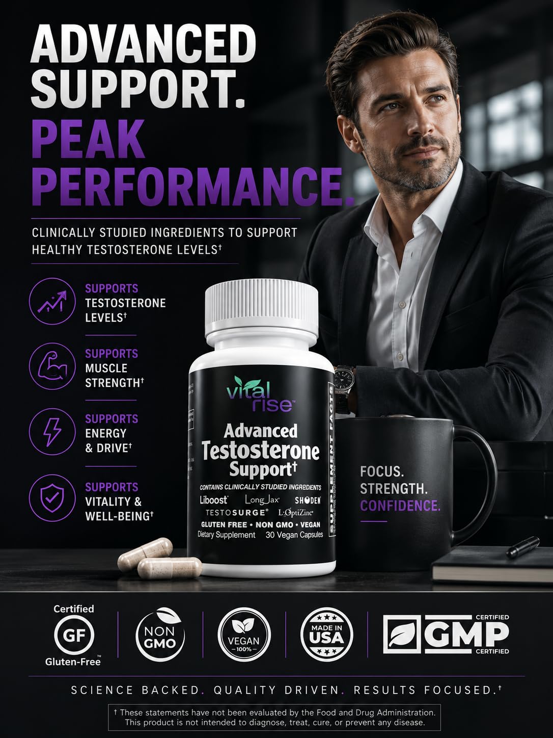 Vital Rise Testosterone Supplement for Men – Advanced Testosterone Booster with Fenugreek & Ashwagandha – Vegan Capsules, 30 Capsules