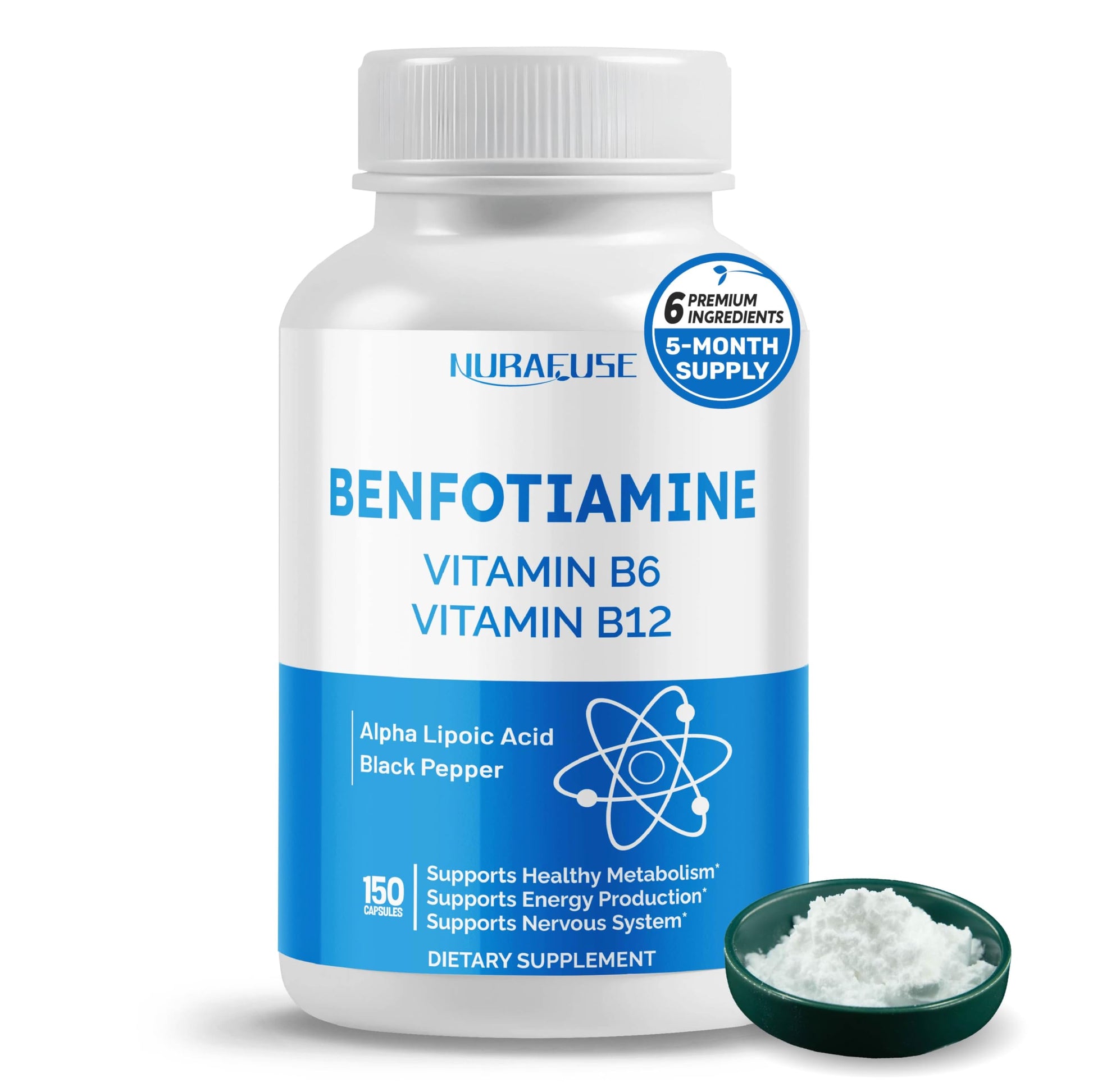 NURAFUSE Liposomal Benfotiamine with Vitamin B6, Vitamin B12, Alpha Lipoic Acid, Curcumin Capsules, 150 Count