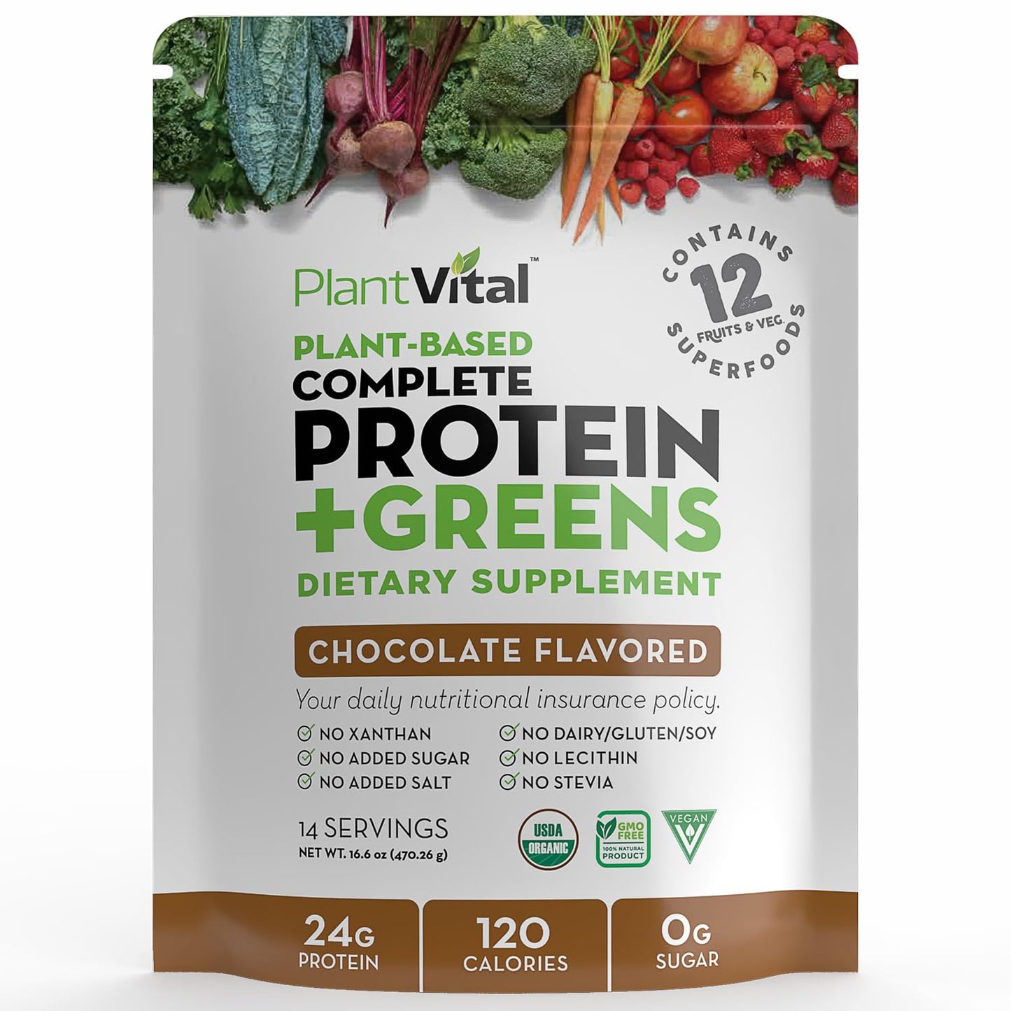 PlantVital Vegan Protein Powder, Chocolate, Plant Based, Organic, Gluten-Free, Keto-Friendly, 16 oz