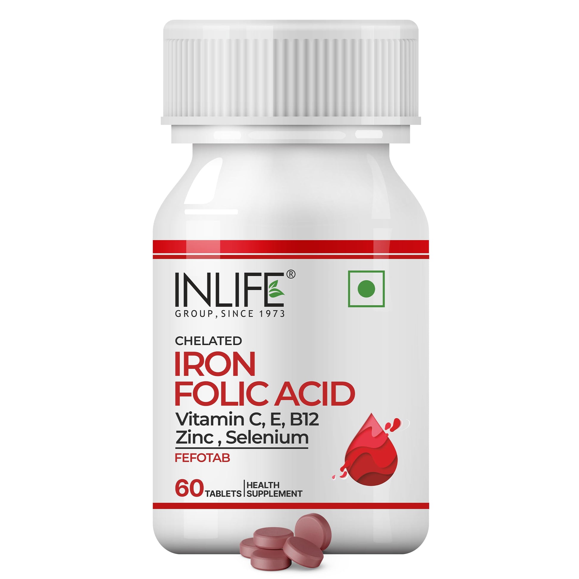 INLIFE Chelated Iron Folic Acid Supplement with Vitamin C, Zinc, Vitamin E, Selenium, & Vitamin B12 Tablet 60 Count