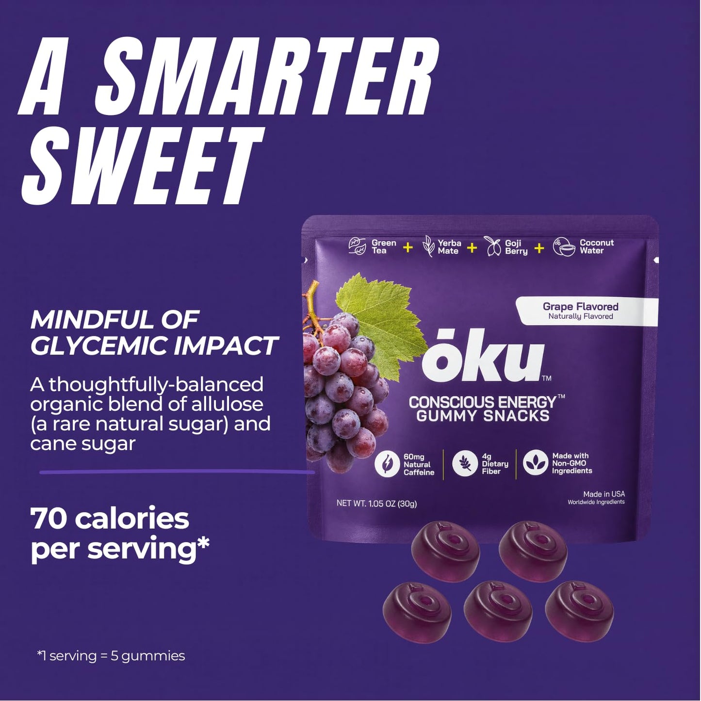 OKU Energy Gummies with Caffeine from Green Tea & Yerba Mate, Gummy, 8-Pack, Grape