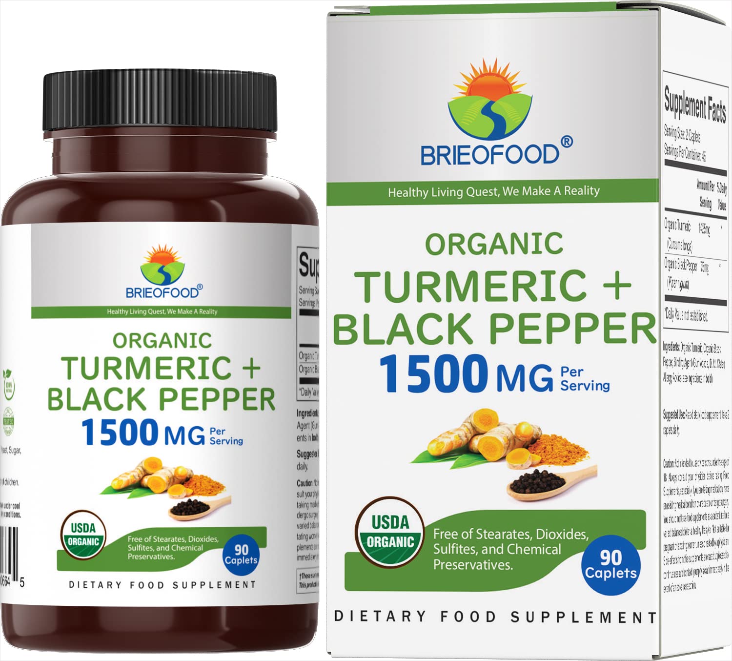 Brieofood Organic Turmeric with Black Pepper 1500mg, 90 Tablets
