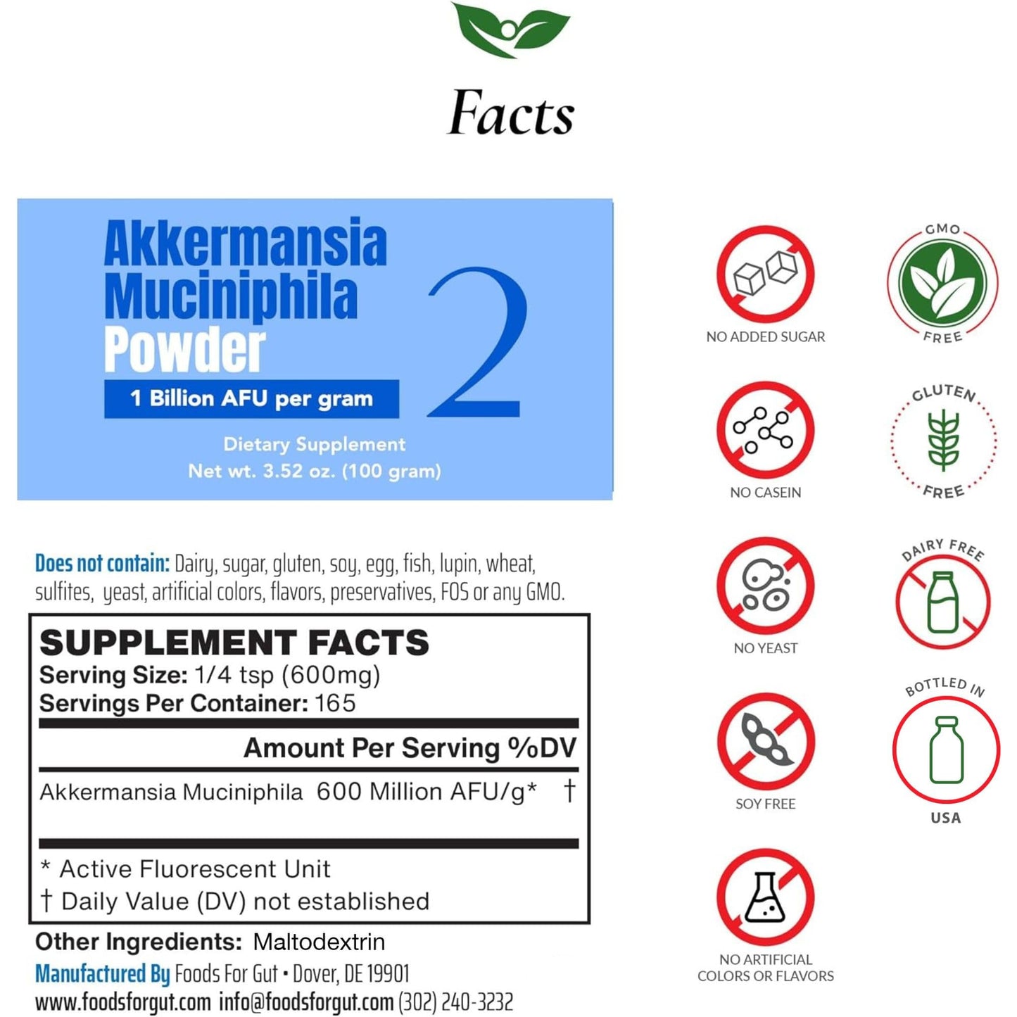 Foods For Gut Akkermansia Muciniphila Powder 1 Billion AFU/g, 100 Gram