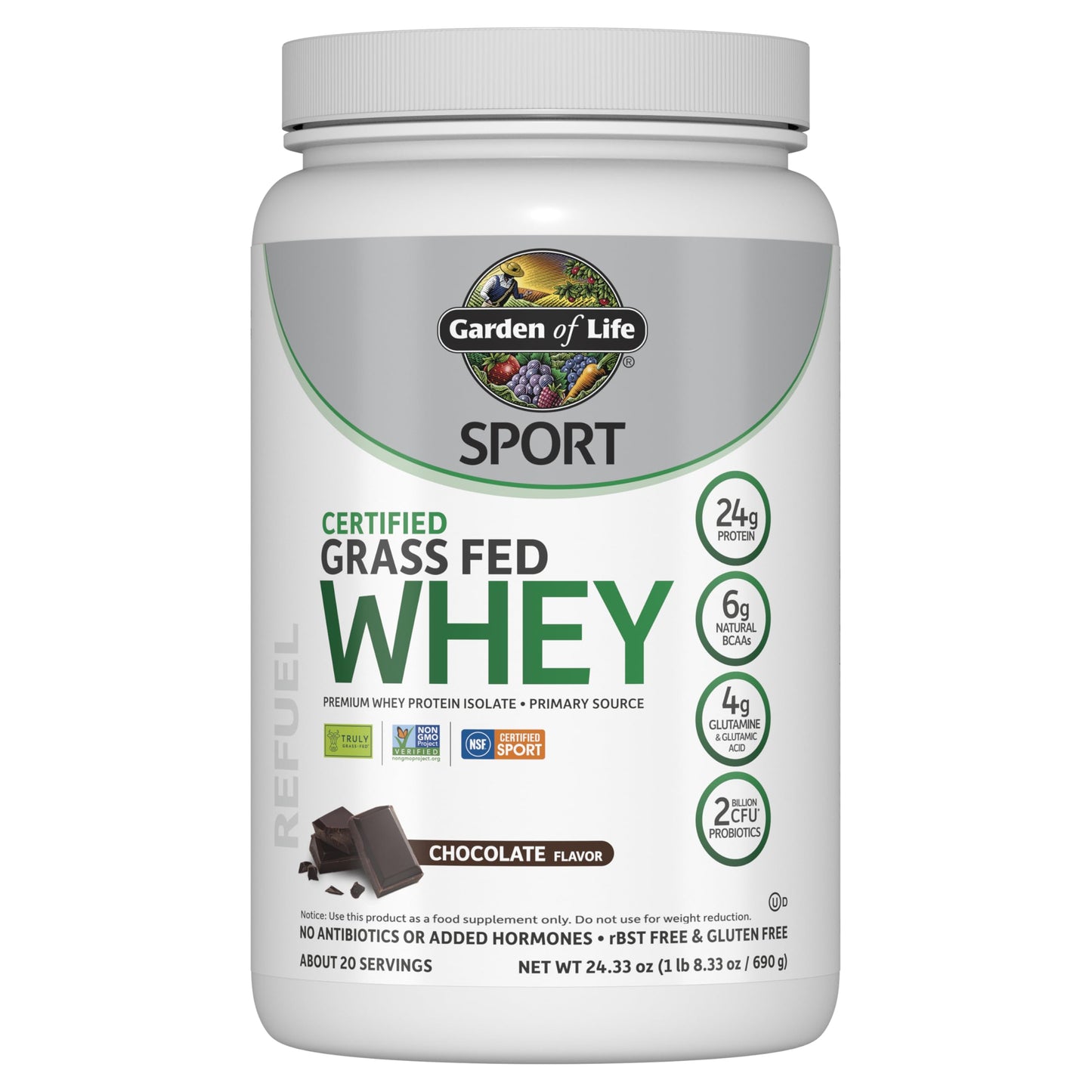 Garden of Life SPORT Grass Fed Whey Protein Powder, 24g Whey Protein Isolate, for Women & Men, with Probiotics & Glutamine, Non-GMO, Gluten-Free, Cold-Processed, Chocolate Flavor, 20 Servings