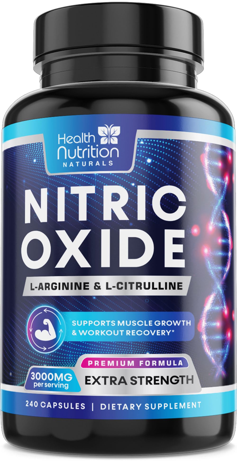 Health Nutrition Naturals Extra Strength Nitric Oxide Booster - 3X Strength L-Arginine AKG & Citrulline Malate - Men & Women Premium Pre Workout Nitric Booster - Natural Energy & Muscle Support, Bottled in USA 240 Capsules