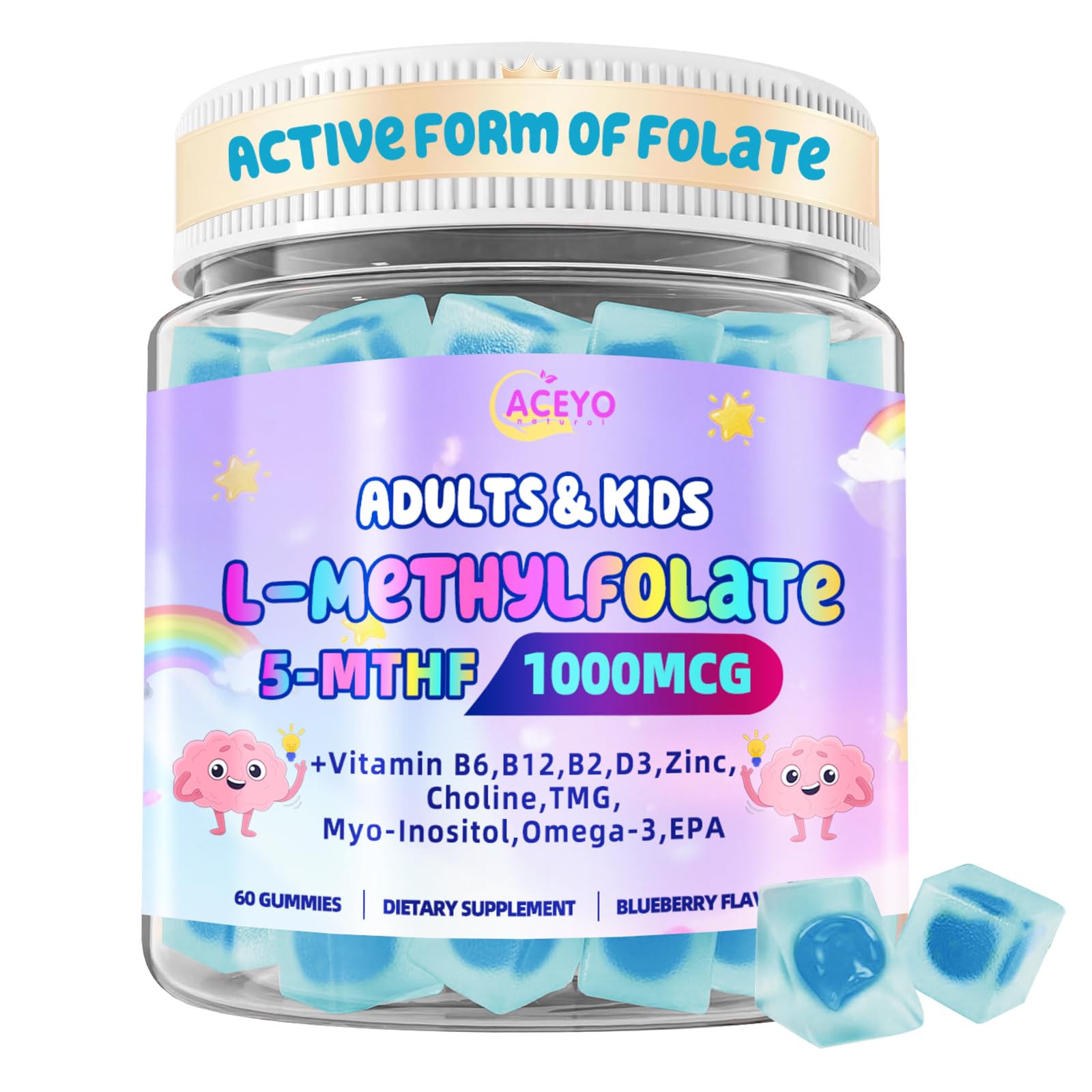 ACEYO L-Methylfolate 15mg Gummies with Methyl B12, Active 5-MTHF Supplement, 60 Count