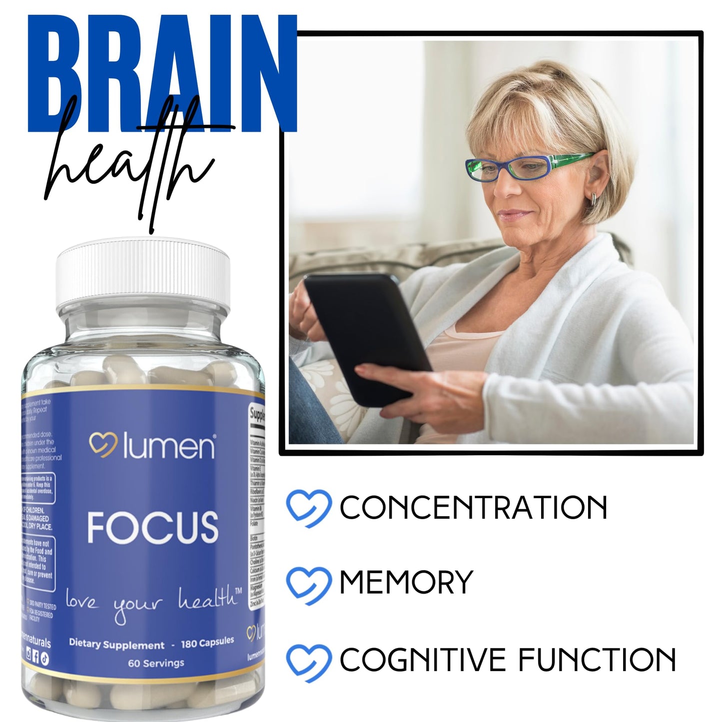 Lumen Naturals Focus Neuro Brain Supplement for Women 180 Capsules