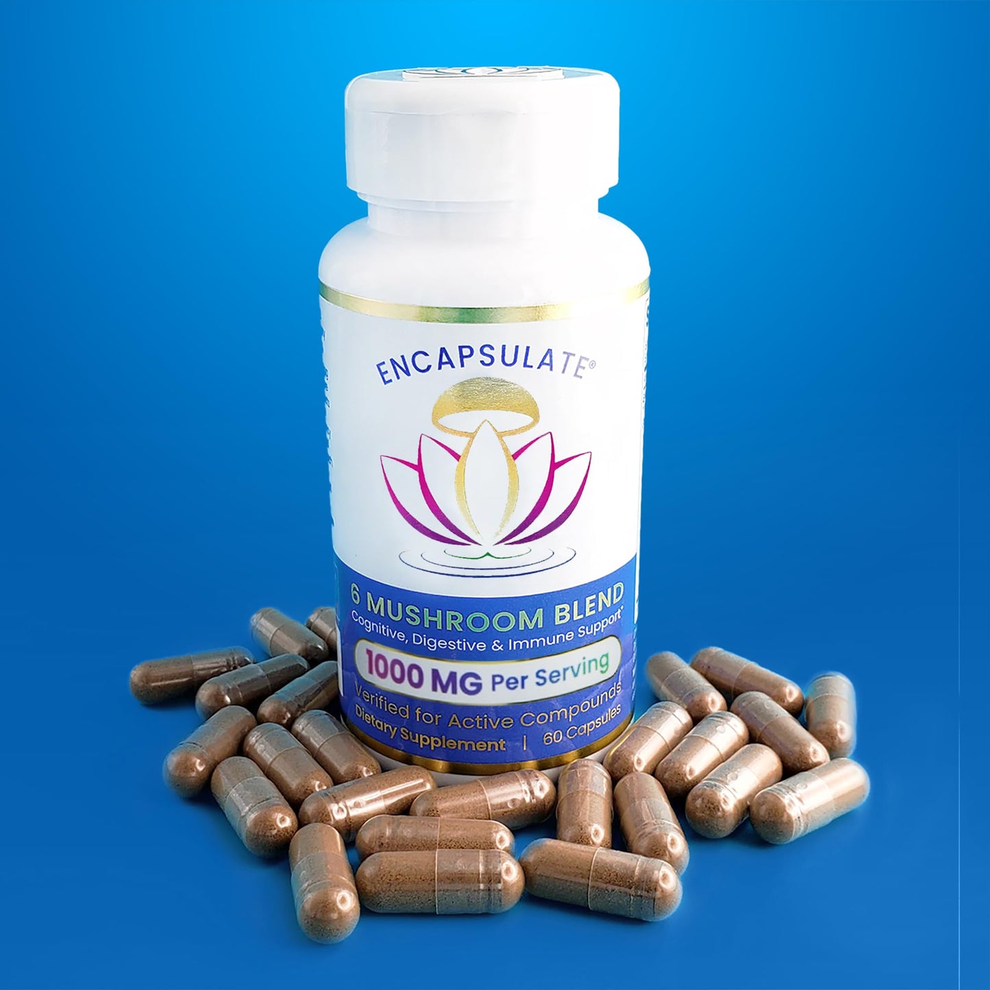 ENCAPSULATE 6 Mushroom Blend Reishi Chaga Turkey Tail Cordyceps Lion’s Mane & Shiitake 8:1 Mushroom Extract Nootropic & Adaptogen Mushroom Supplement for Gut, Brain & Immune Support 60 Capsules