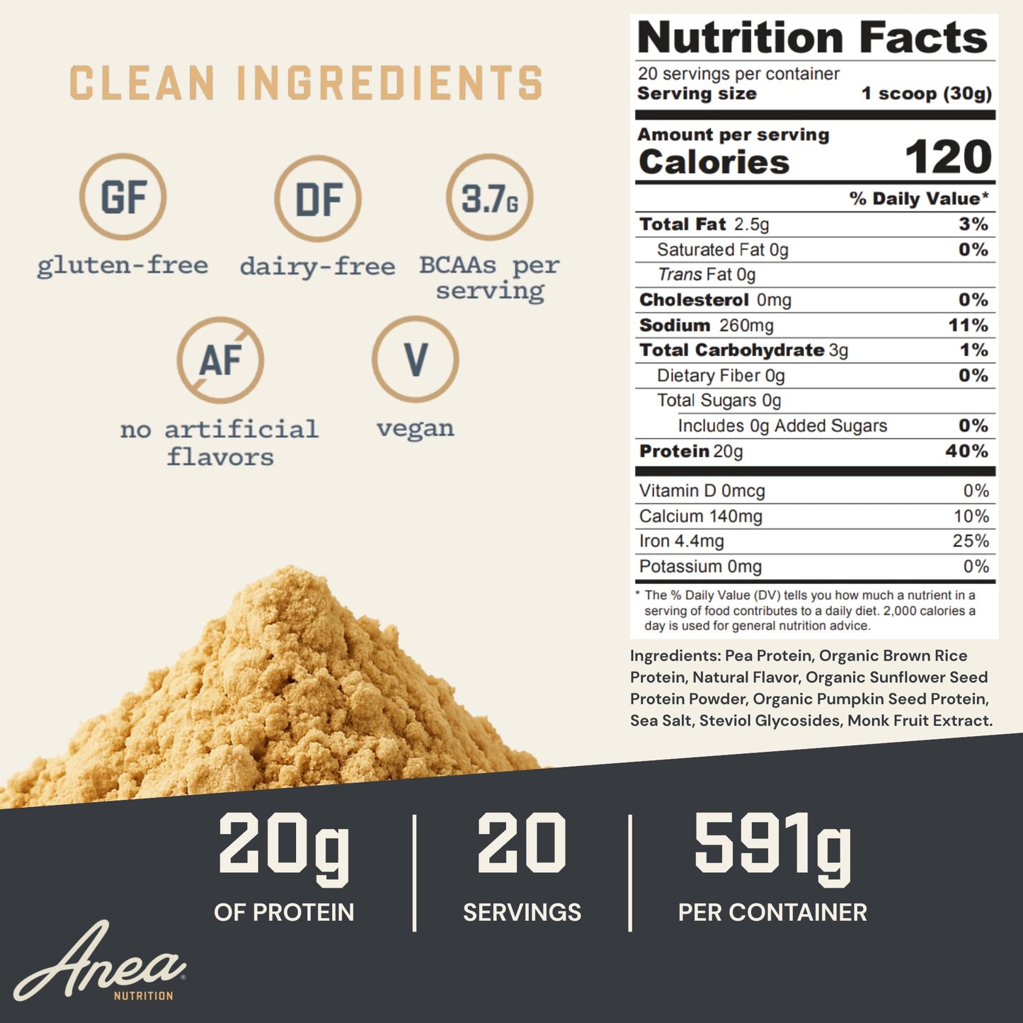 Anea Nutrition Plant Protein Powder Vanilla, 1.3 lb