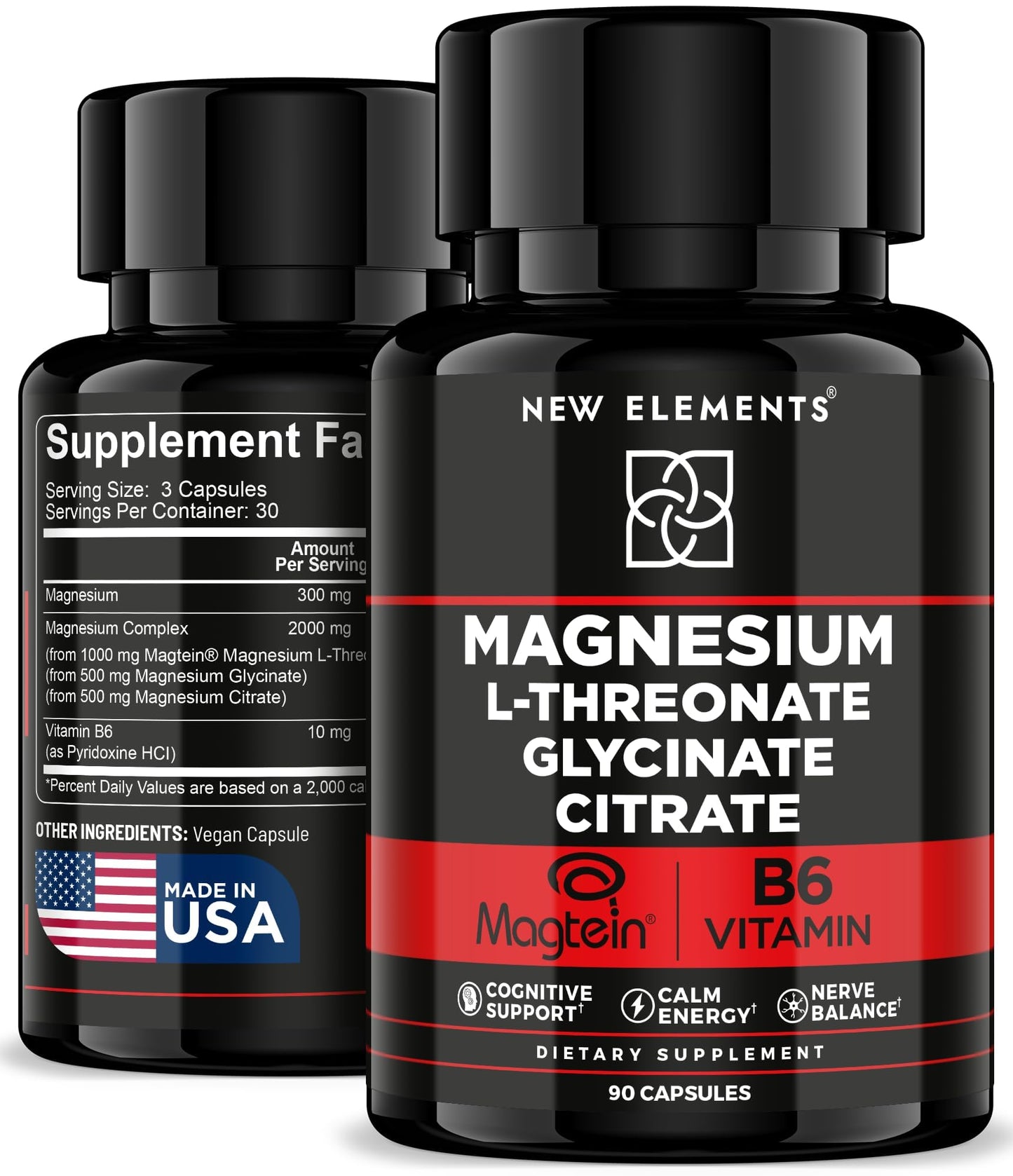 New Elements Magtein Magnesium L-Threonate Magnesium Complex with L-Threonate, Glycinate, Citrate & Vitamin B6 – Brain Health, Memory & Focus, 300mg Elemental Magnesium, 90 Capsules