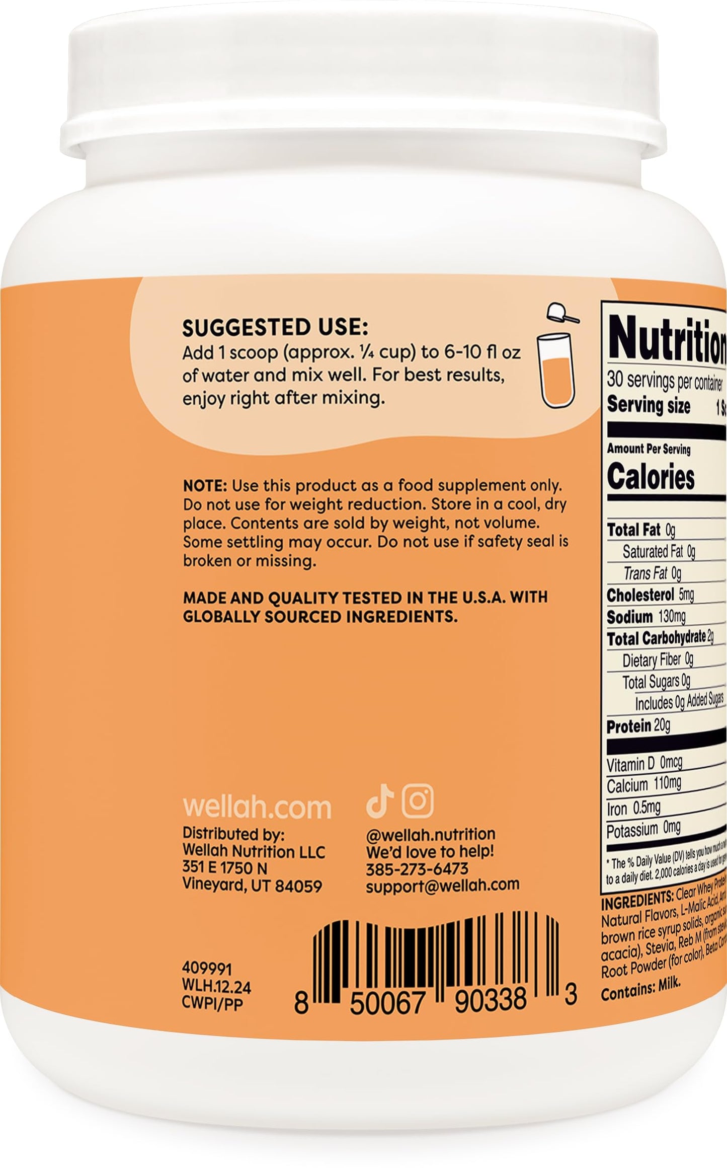 Wellah Clear Whey Protein Isolate Powder, 29.5 Servings