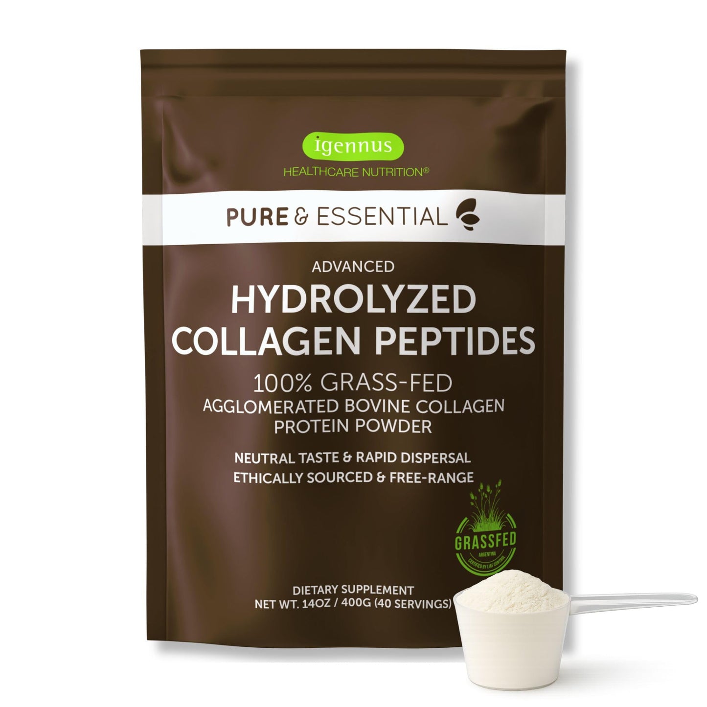 Igennus Healthcare Nutrition Advanced Grass Fed Hydrolyzed Bovine Collagen Peptides Powder 14.1 oz