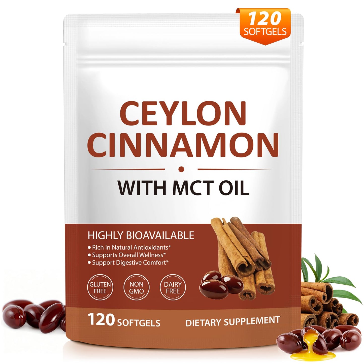 laraspi Ceylon Cinnamon SoftGels with MCT Oil, 120 SoftGels