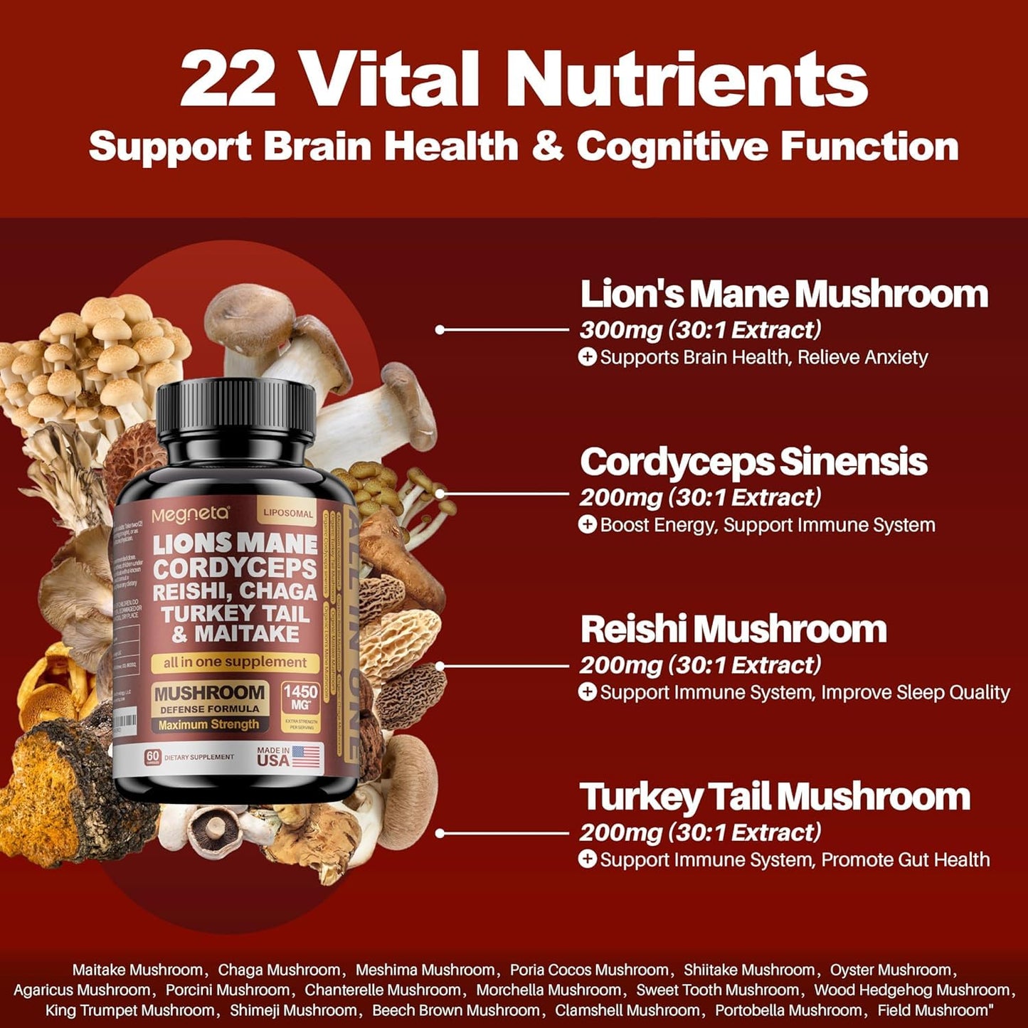MEGNETA 22 in 1 Multi Mushrooms Capsules, Lions Mane Cordyceps Sinensis Reishi Mushroom Turkey Tail Mushroom, 180 Capsules