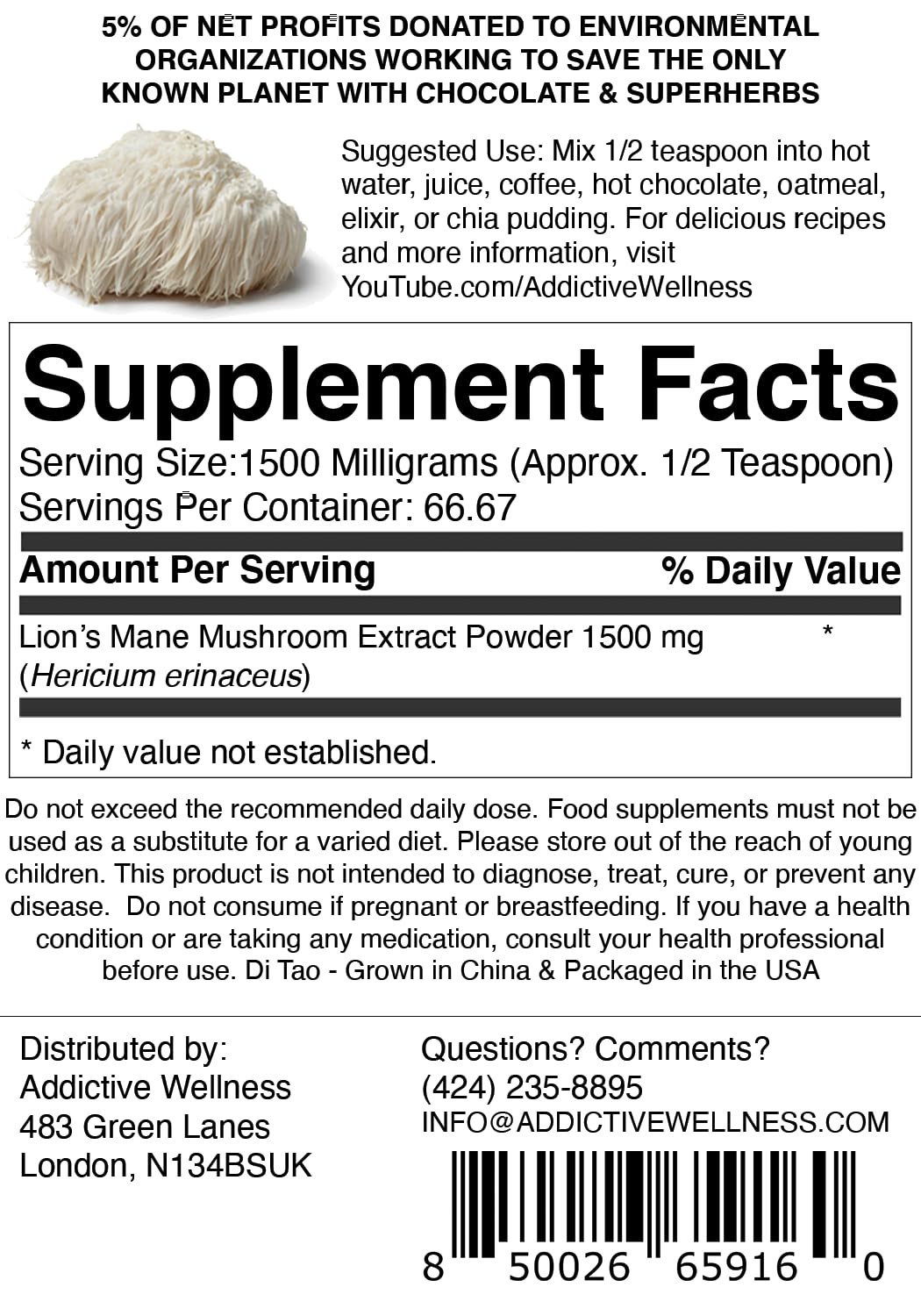 Addictive Wellness Lions Mane Mushroom Powder, Dual-Extract, 1500 mg, 3.53 oz