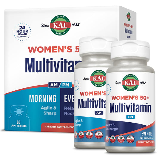 KAL Plus 2-in-1 Multivitamin for Women 50+, AM/PM Vitamin B and D, Biotin, Ginkgo Biloba, Bone Strength and Immune Support, 120 Tablets