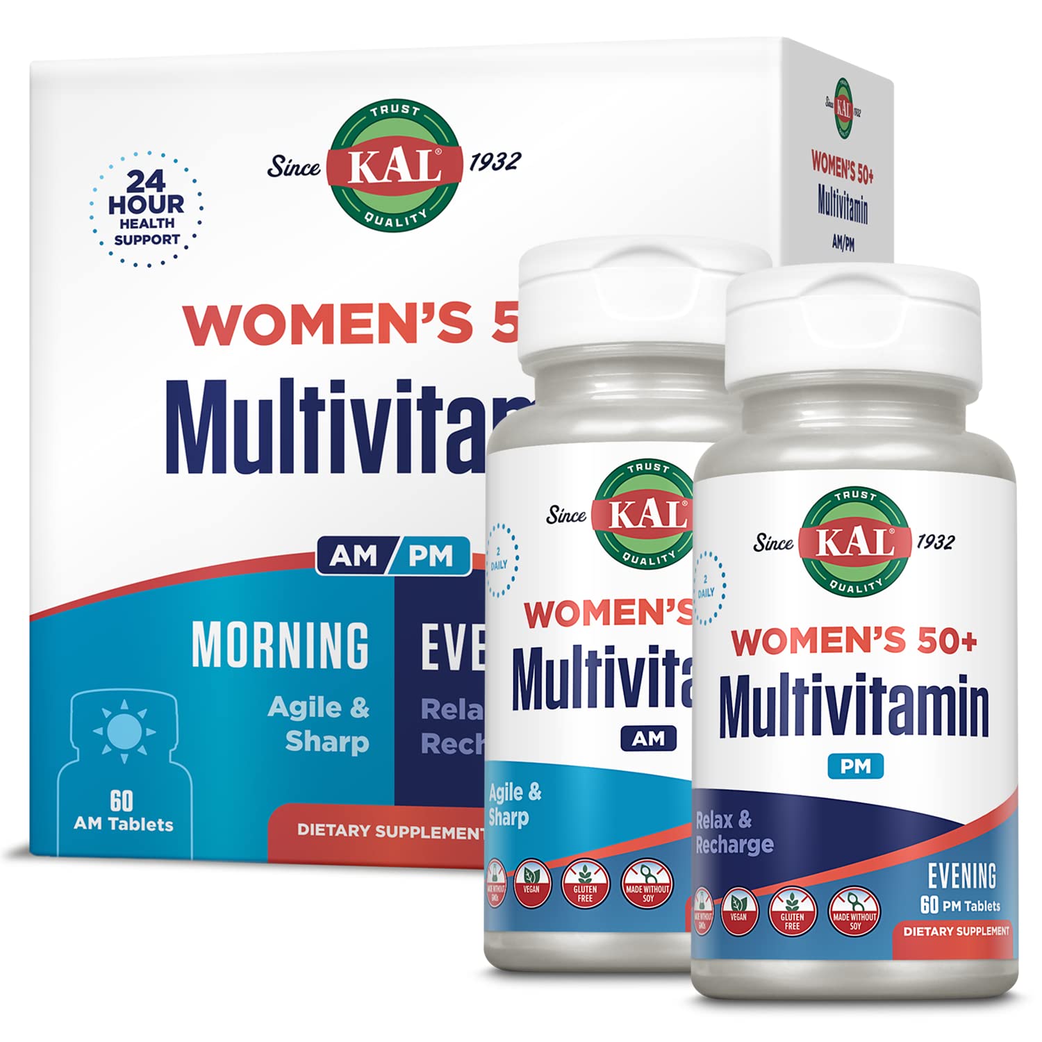 KAL Plus 2-in-1 Multivitamin for Women 50+, AM/PM Vitamin B and D, Biotin, Ginkgo Biloba, Bone Strength and Immune Support, Made Without GMOs and Soy, Vegan, 120 Tablets